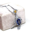 Art Deco Lavalier - Vintage 10k White Gold 2.47 CT Created Blue Sapphire Necklace - Circa 1930s Era Two Tone Floral Filigree Fine Jewelry