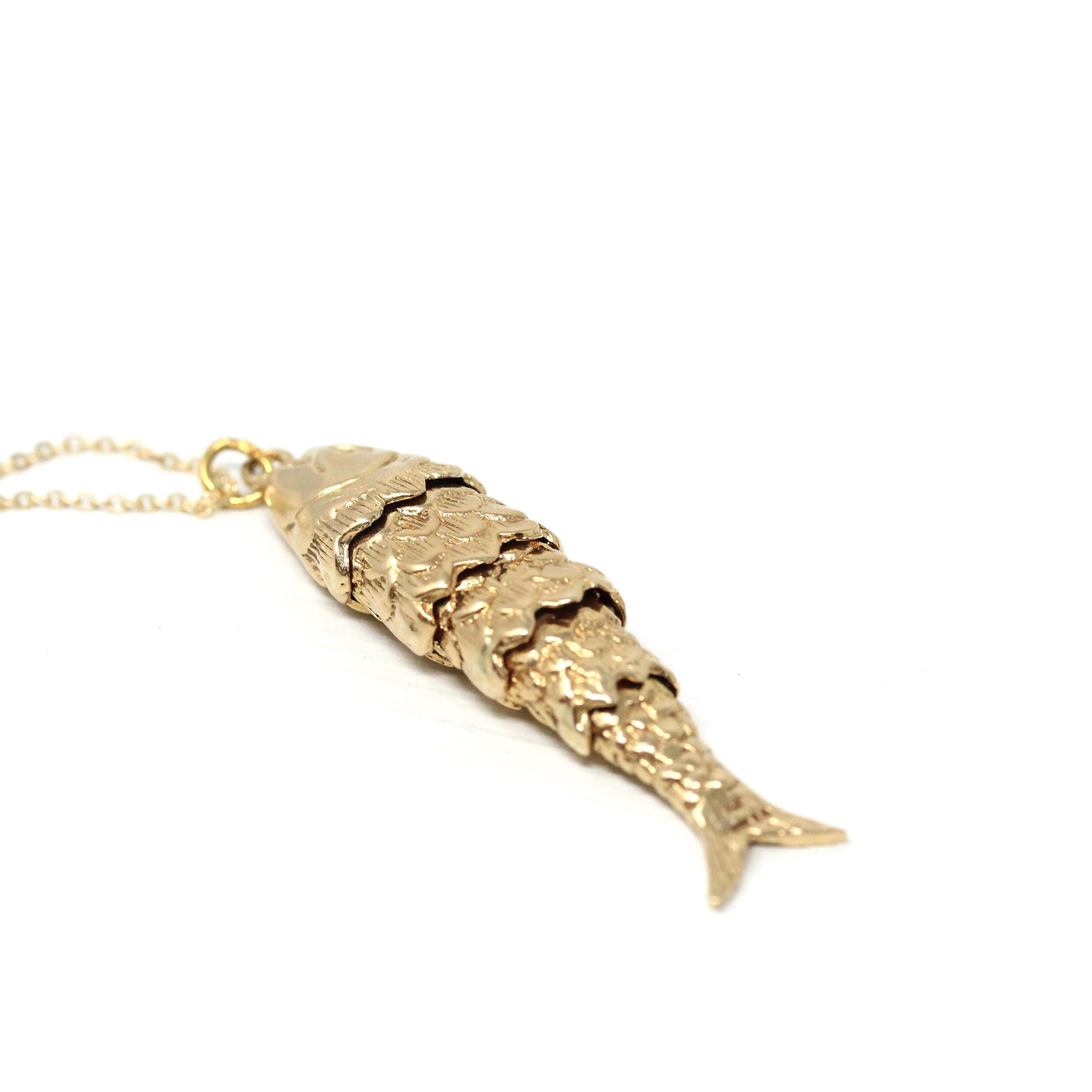 Articulated Fish Pendant - Retro 9k English Yellow Gold Figural Kinetic Charm Necklace - Vintage Circa 1970s Era Moving Animal Fine Jewelry