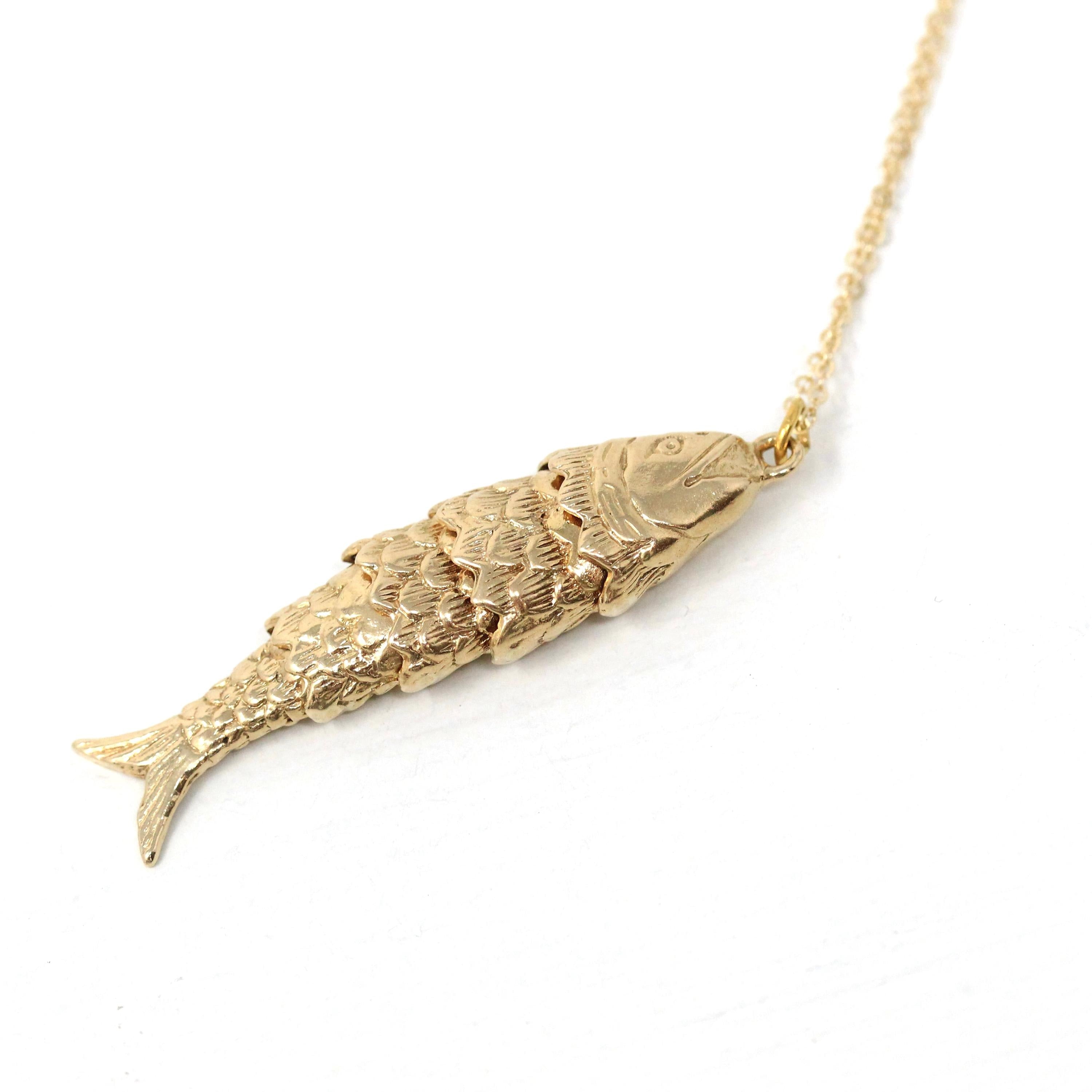 Articulated Fish Pendant - Retro 9k English Yellow Gold Figural Kinetic Charm Necklace - Vintage Circa 1970s Era Moving Animal Fine Jewelry