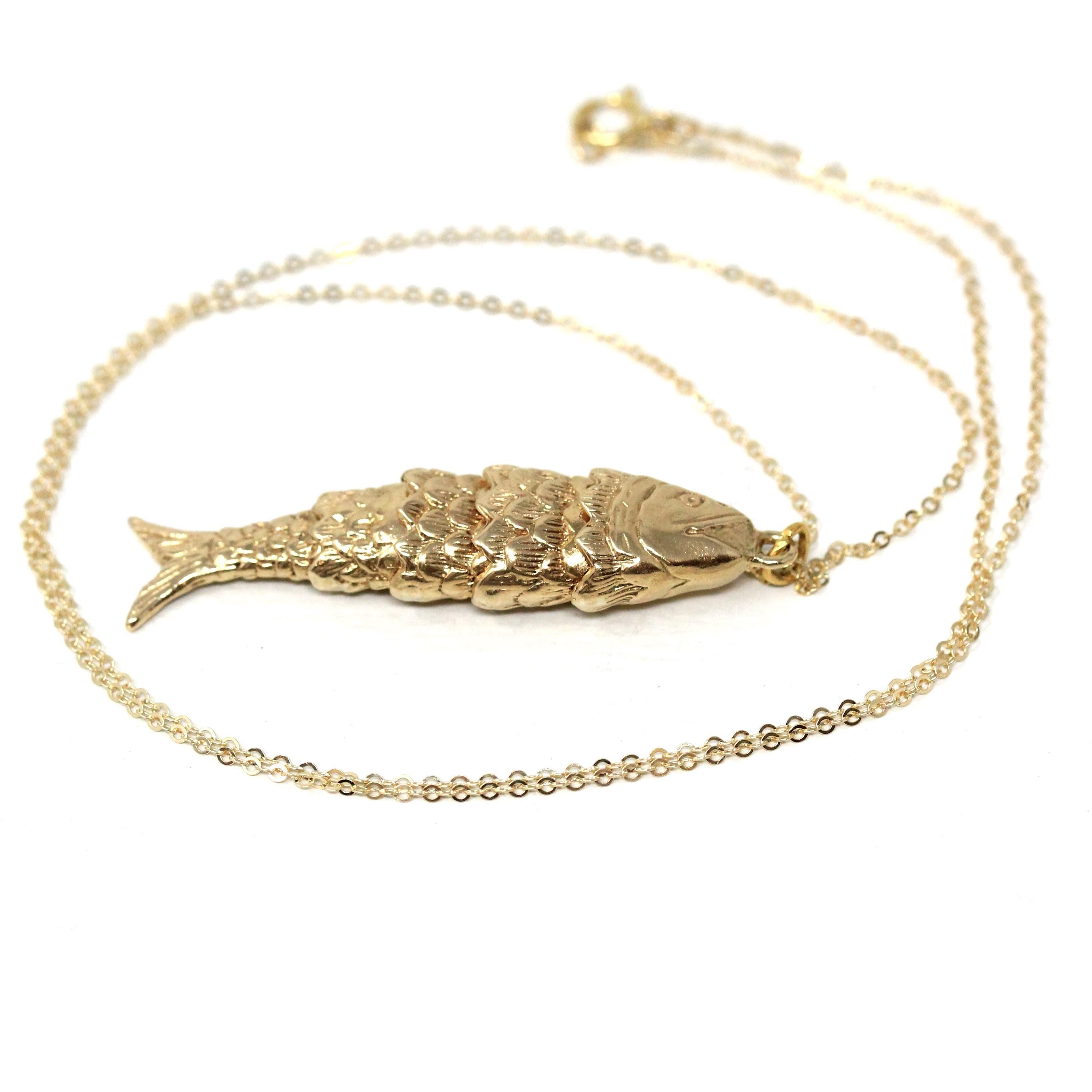 Articulated Fish Pendant - Retro 9k English Yellow Gold Figural Kinetic Charm Necklace - Vintage Circa 1970s Era Moving Animal Fine Jewelry