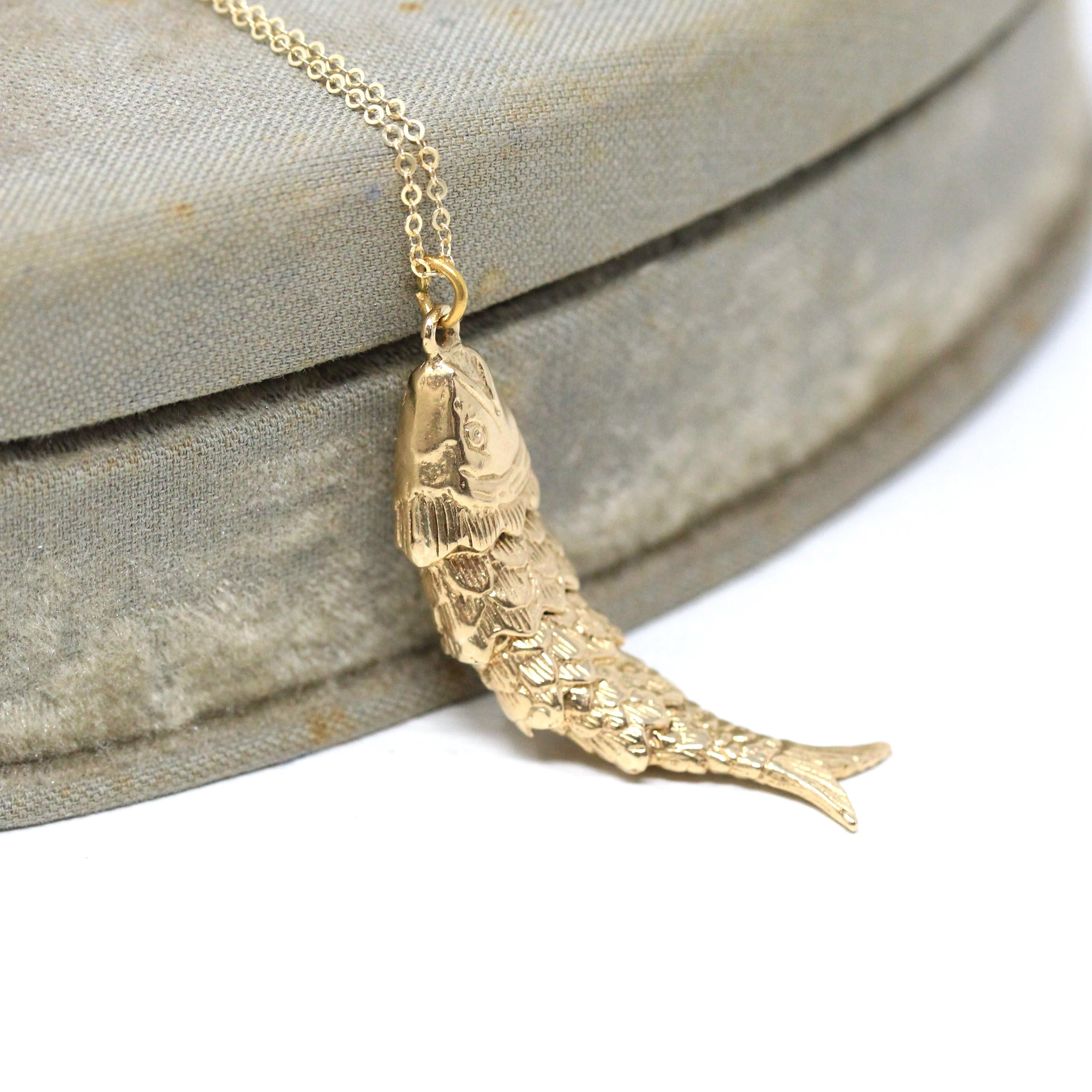 Articulated Fish Pendant - Retro 9k English Yellow Gold Figural Kinetic Charm Necklace - Vintage Circa 1970s Era Moving Animal Fine Jewelry