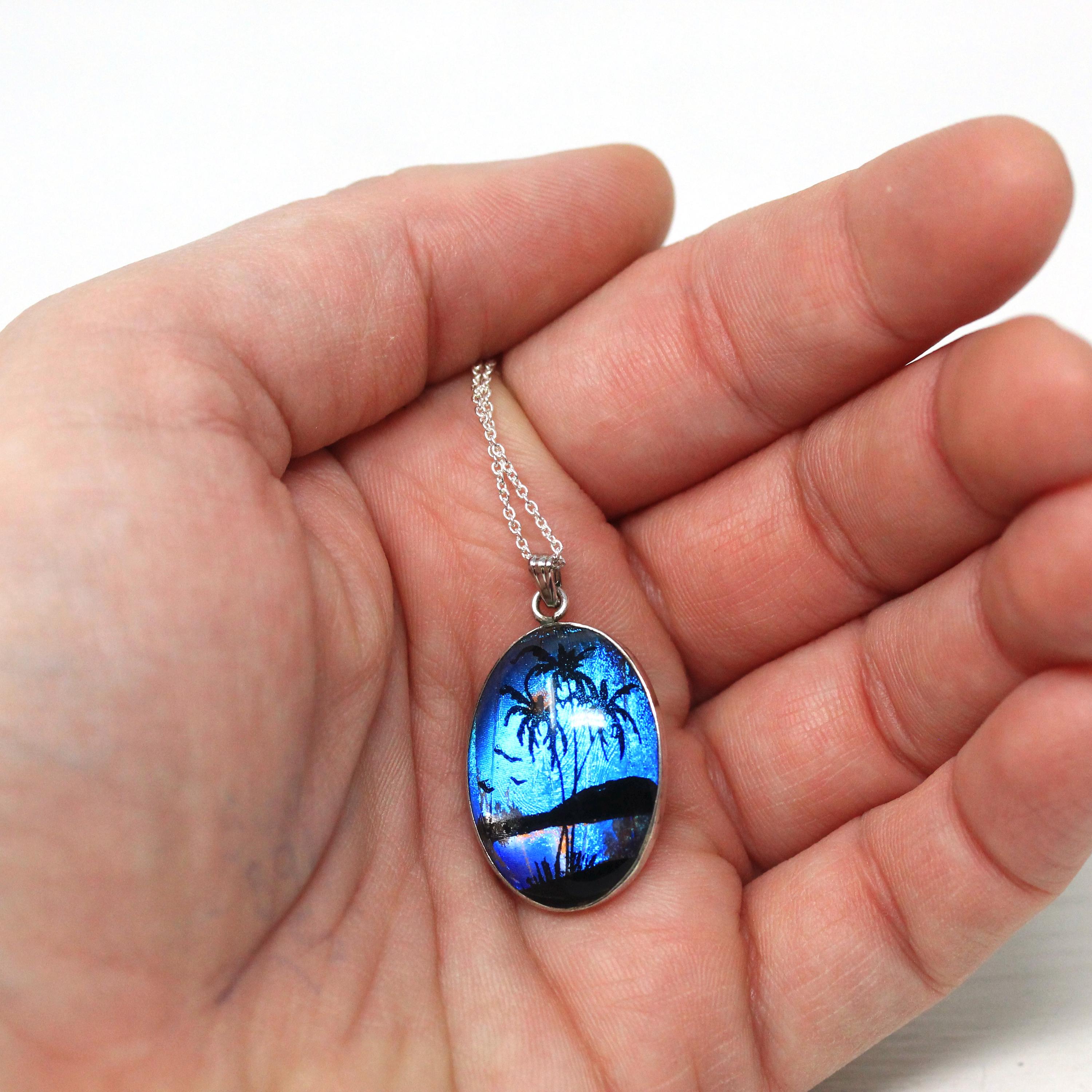 Morpho Butterfly Pendant - Mid Century Sterling Silver Blue Wing Necklace - Vintage Circa 50s Era Tropical Palm Tree Beach Souvenir Jewelry