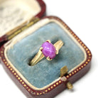 Created Star Ruby Ring - Retro 14k Yellow Gold Cabochon Cut Pink Gemstone - Vintage Circa 1960s Era Size 6 1/4 Bypass Fine Statement Jewelry