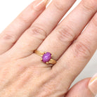 Created Star Ruby Ring - Retro 14k Yellow Gold Cabochon Cut Pink Gemstone - Vintage Circa 1960s Era Size 6 1/4 Bypass Fine Statement Jewelry