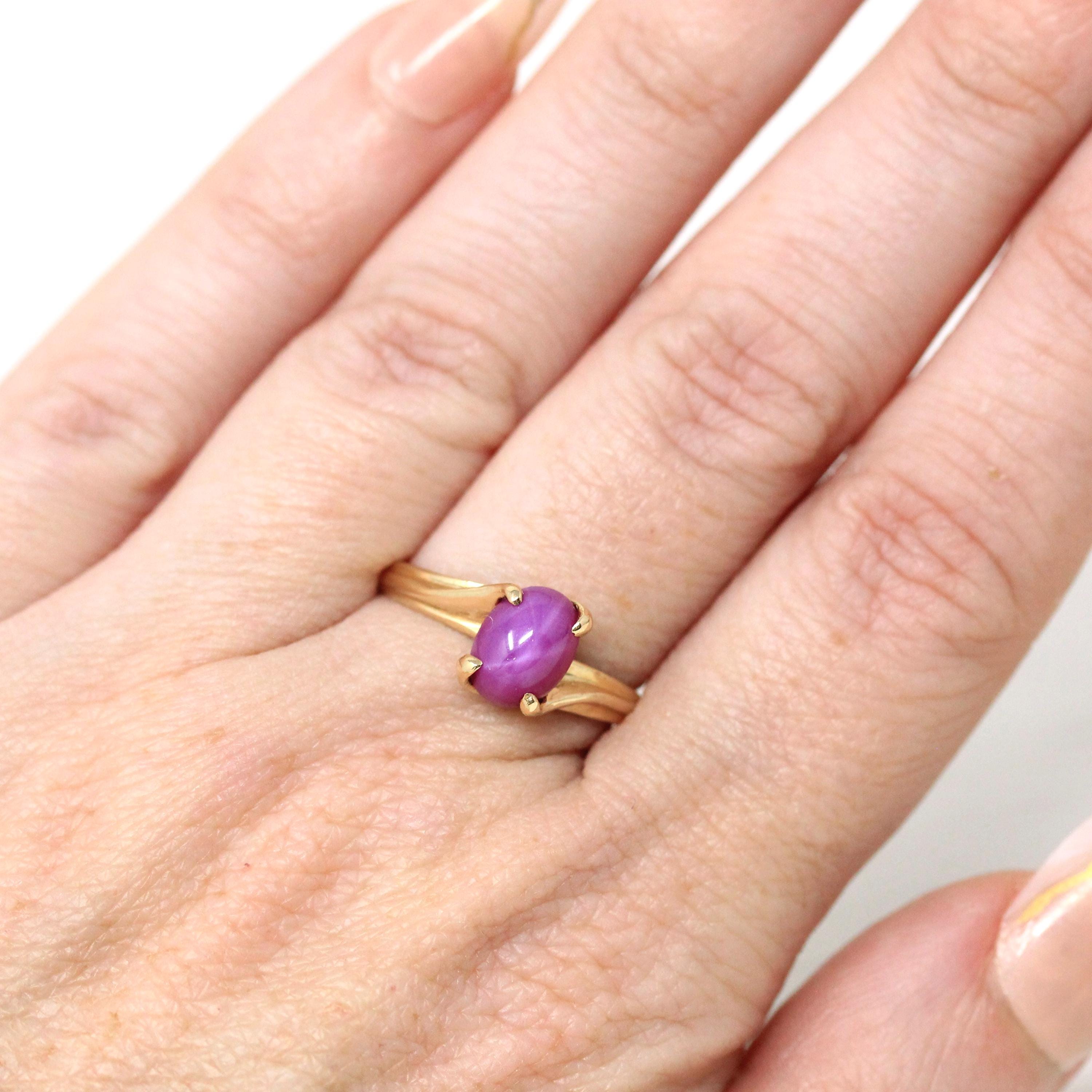 Created Star Ruby Ring - Retro 14k Yellow Gold Cabochon Cut Pink Gemstone - Vintage Circa 1960s Era Size 6 1/4 Bypass Fine Statement Jewelry