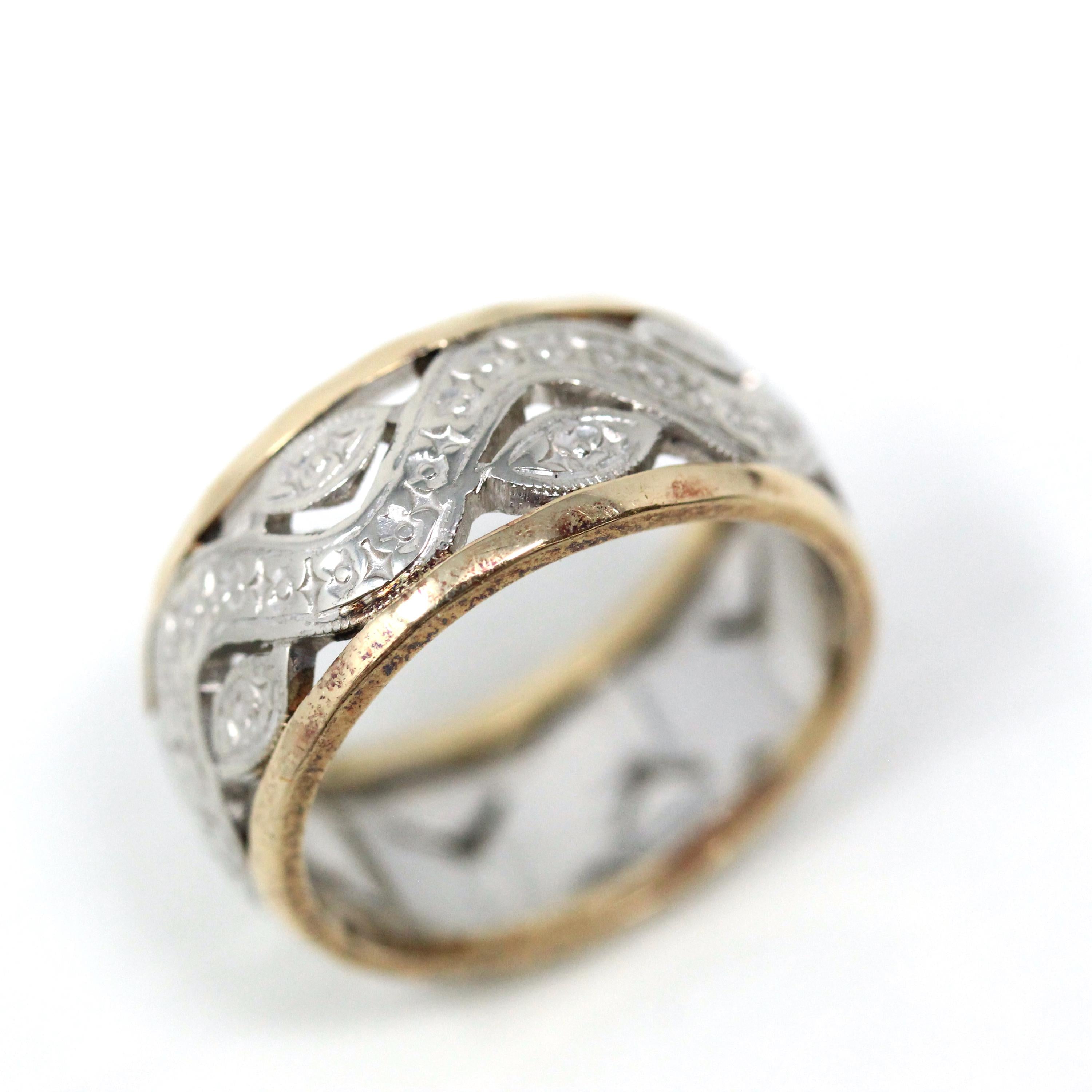 Vintage Pierced Band - Mid Century Era 14k Yellow & White Gold Open Metal Cigar Style Ring - Circa 1950s Size 5 1/2 Two Tone Unisex Jewelry