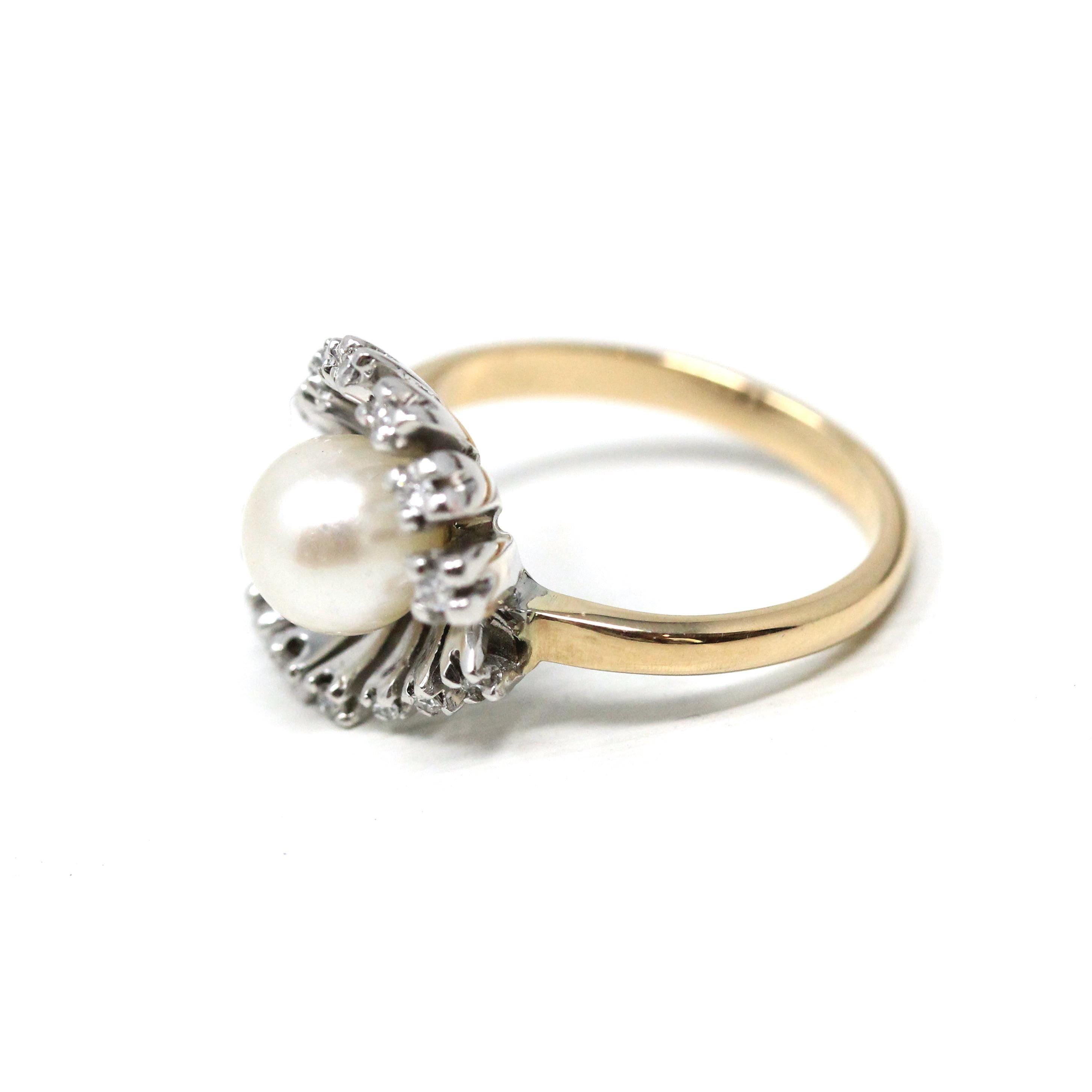Pearl & Diamond Ring - Retro Era 14k Yellow White Gold Genuine Gemstones Statement - Vintage Circa 1970s Size 5 Spray Statement Fine Jewelry