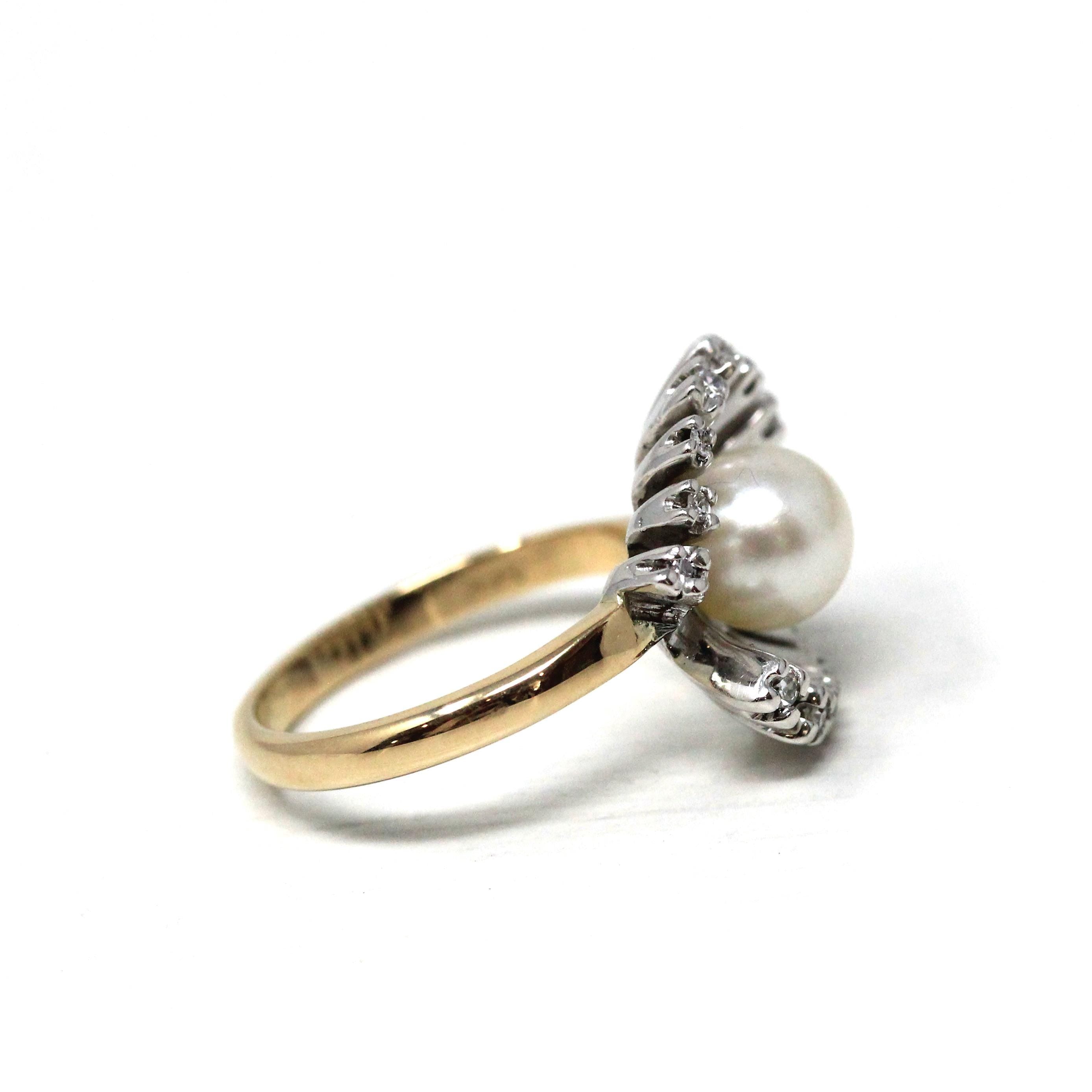Pearl & Diamond Ring - Retro Era 14k Yellow White Gold Genuine Gemstones Statement - Vintage Circa 1970s Size 5 Spray Statement Fine Jewelry