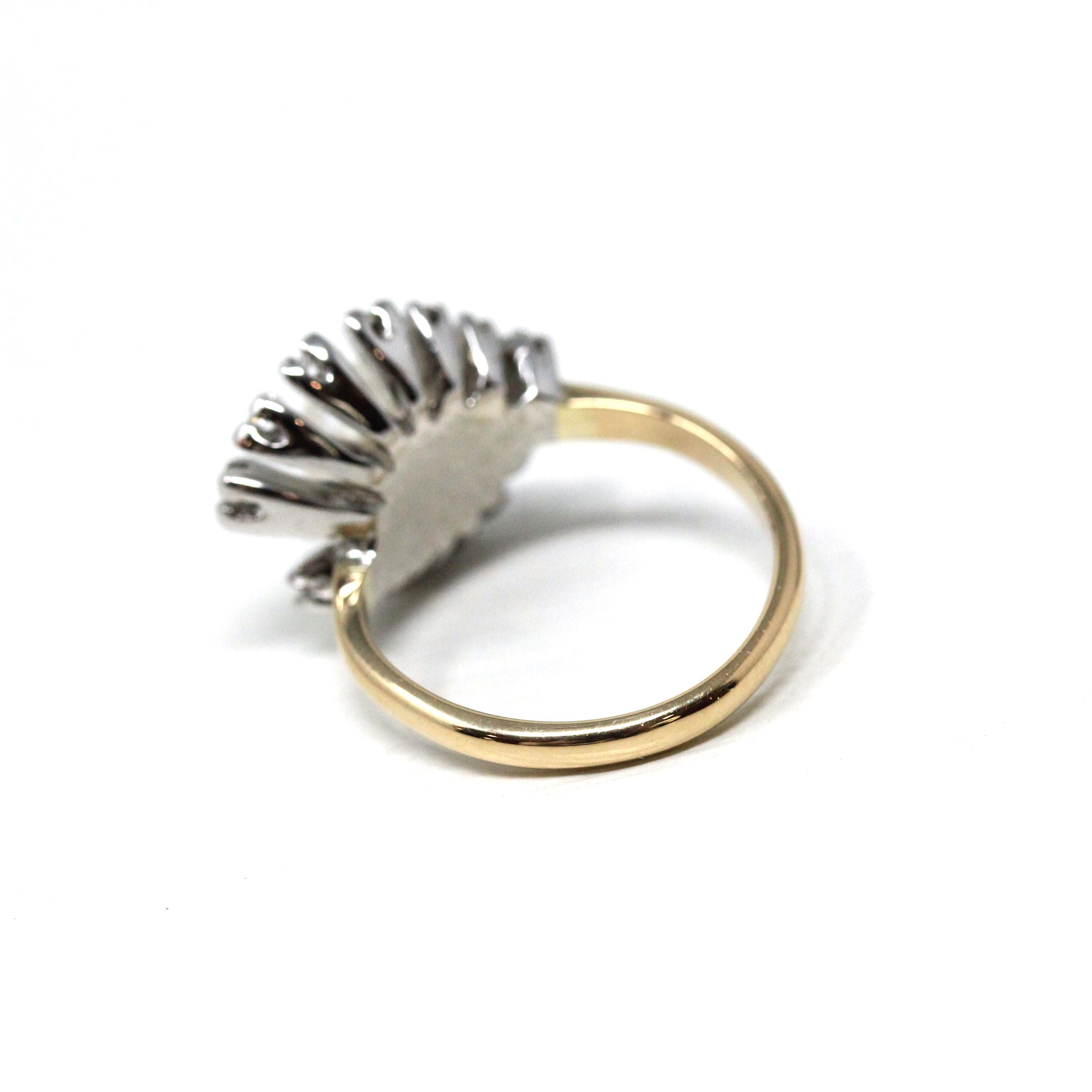 Pearl & Diamond Ring - Retro Era 14k Yellow White Gold Genuine Gemstones Statement - Vintage Circa 1970s Size 5 Spray Statement Fine Jewelry