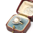 Pearl & Diamond Ring - Retro Era 14k Yellow White Gold Genuine Gemstones Statement - Vintage Circa 1970s Size 5 Spray Statement Fine Jewelry