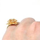 Diamond Flower Ring - Retro 14k Yellow Gold Rose Floral Natural Gemstone - Vintage Circa 1970s Era Size 2 3/4 April Birthstone Fine Jewelry