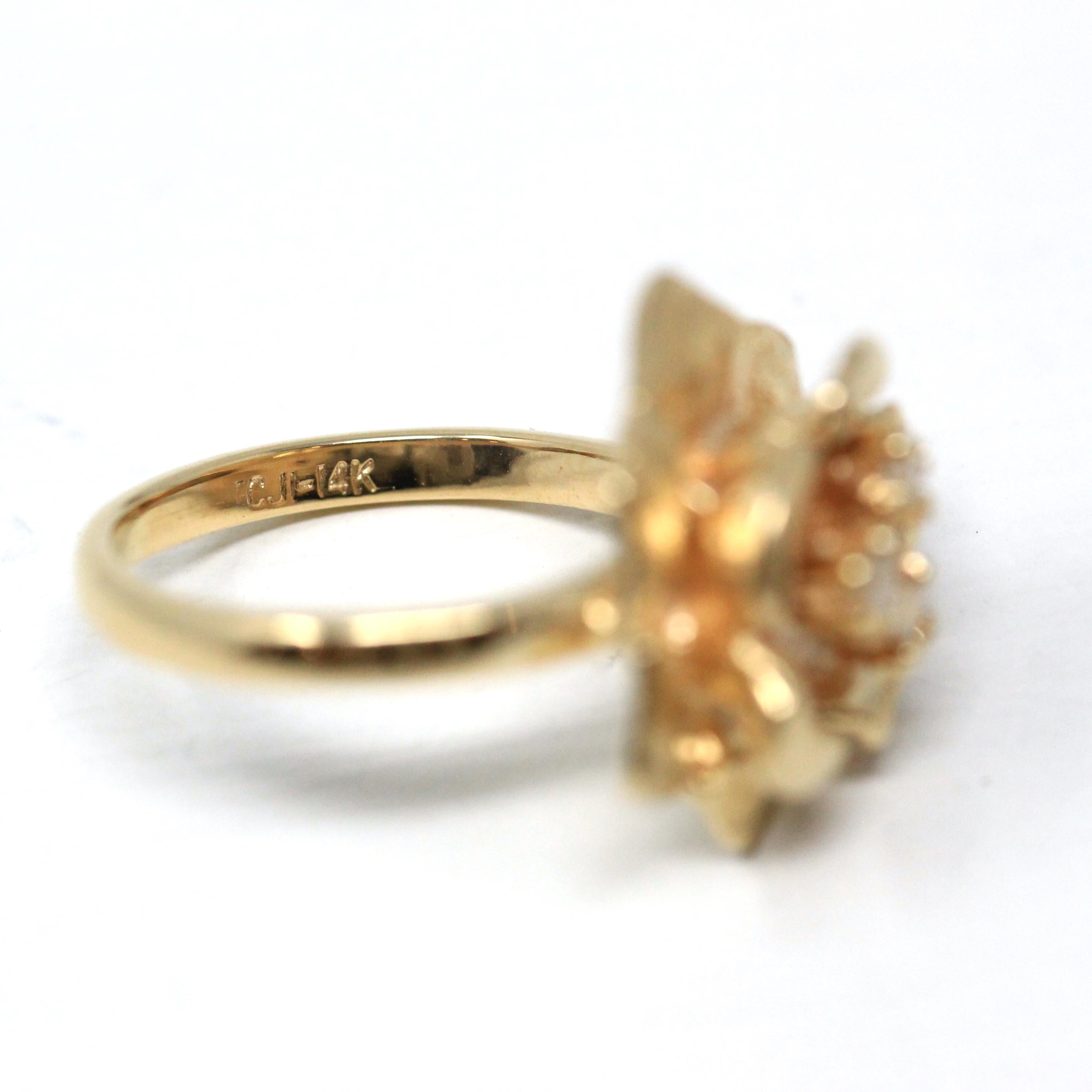 Diamond Flower Ring - Retro 14k Yellow Gold Rose Floral Natural Gemstone - Vintage Circa 1970s Era Size 2 3/4 April Birthstone Fine Jewelry