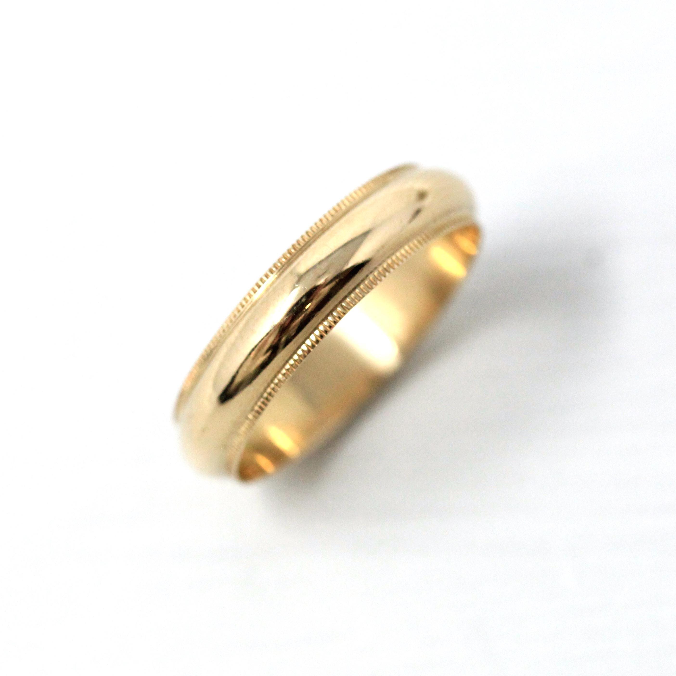 Milgrain Wedding Band - Modern 14k Yellow Gold Unadorned Plain 4.35 MM Ring - Circa 1940s Era Size 6.25 Unisex Stacking Fine 40s Era Jewelry