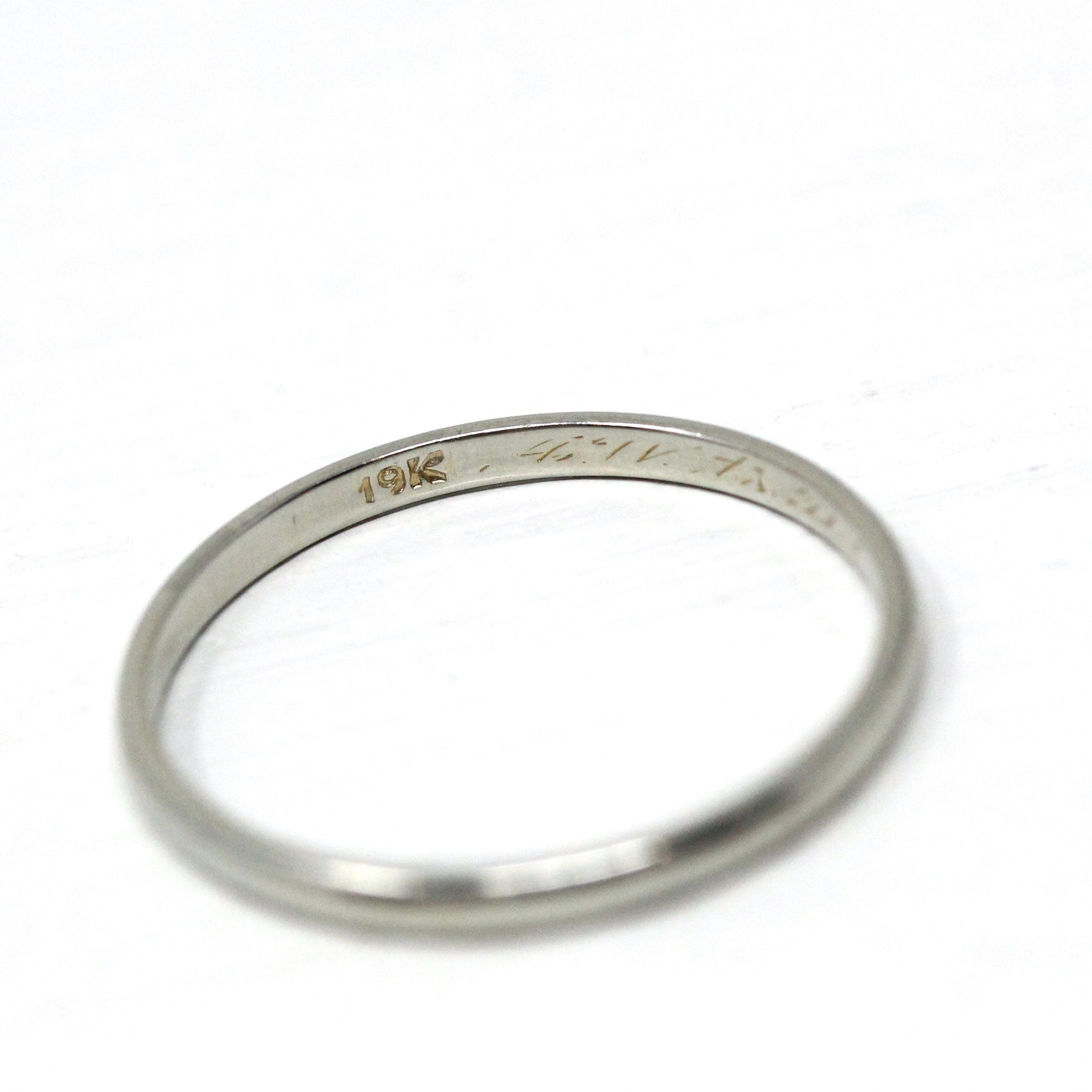 Dated 1927 Band - Art Deco 19k White Gold Hand Engraved Inscribed Wedding Ring - Antique Size 7 Circa 1920s Stacking Unisex Fine 20s Jewelry