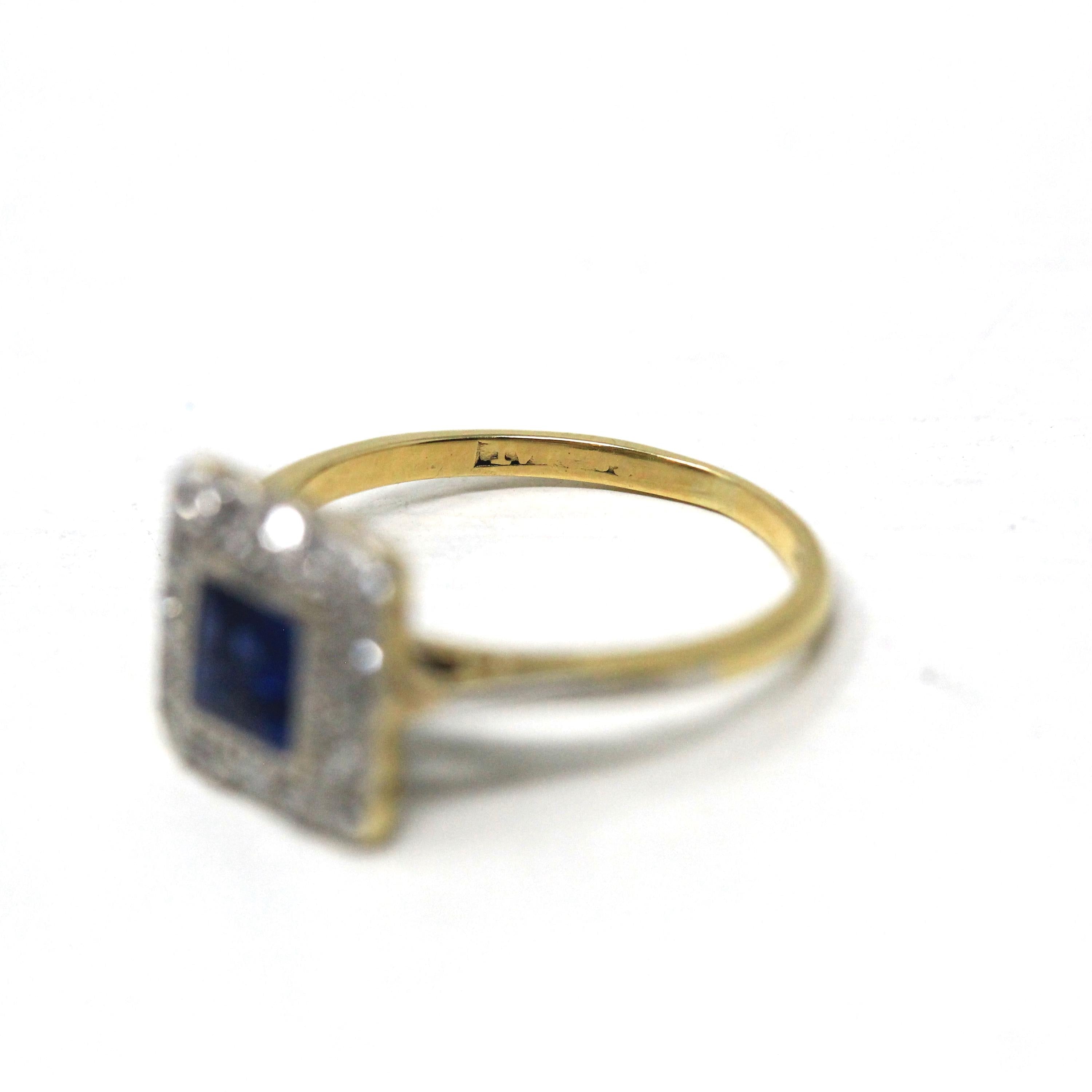 Vintage Engagement Ring - Mid Century 18k Yellow Gold & Platinum Natural Sapphire Diamond Square Halo - Size 3 1/4 Fine Engagement Jewelry