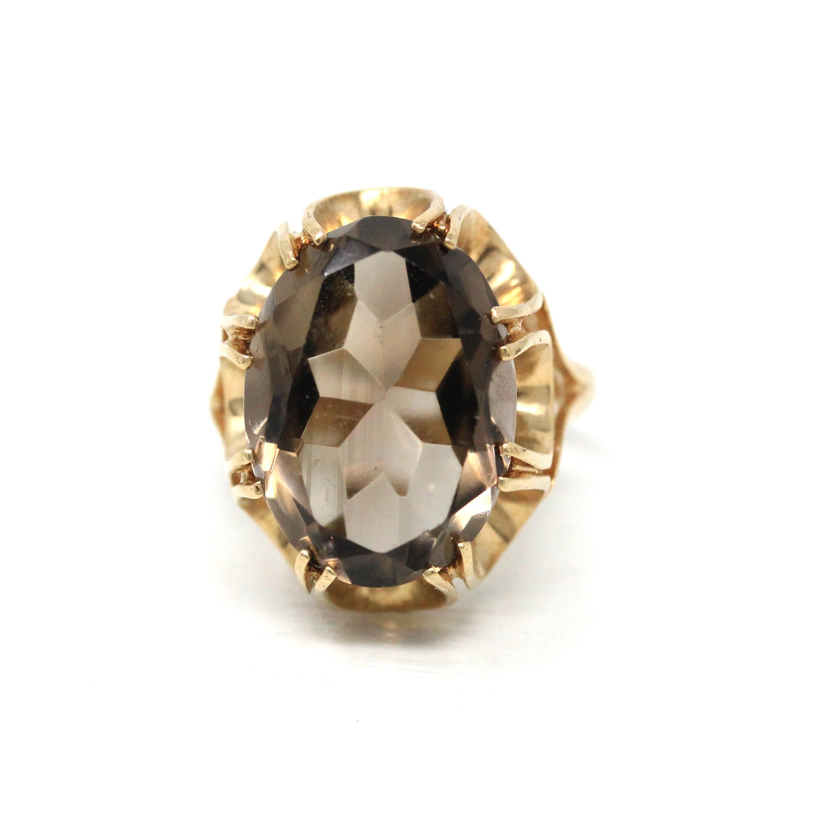 Vintage Smoky Quartz Ring - Retro 9k Yellow Gold Oval Cut Natural Brown Gemstone - Birmingham Hallmarked 1970s Era Size 7 3/4 Fine Jewelry