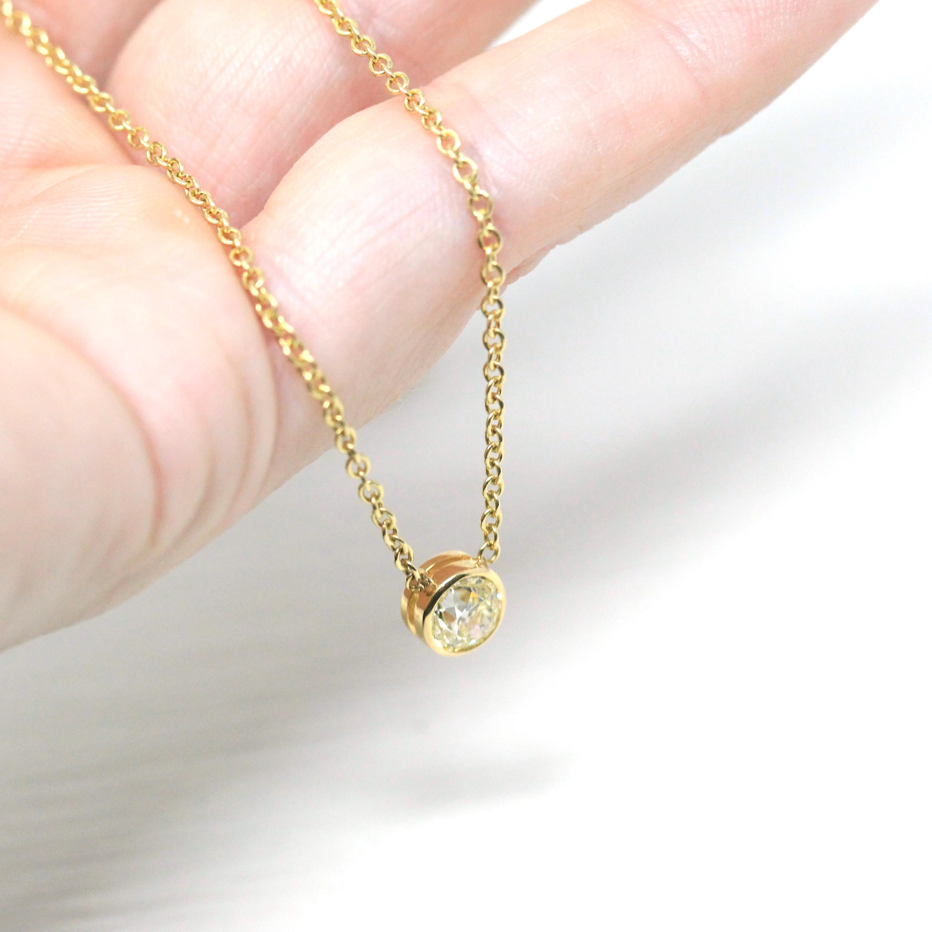 Dainty Diamond Necklace - Modern 14k Yellow Gold .68 CT Natural Diamond Bezel - Antique Old European Cut Gemstone Fine Minimalist Jewelry
