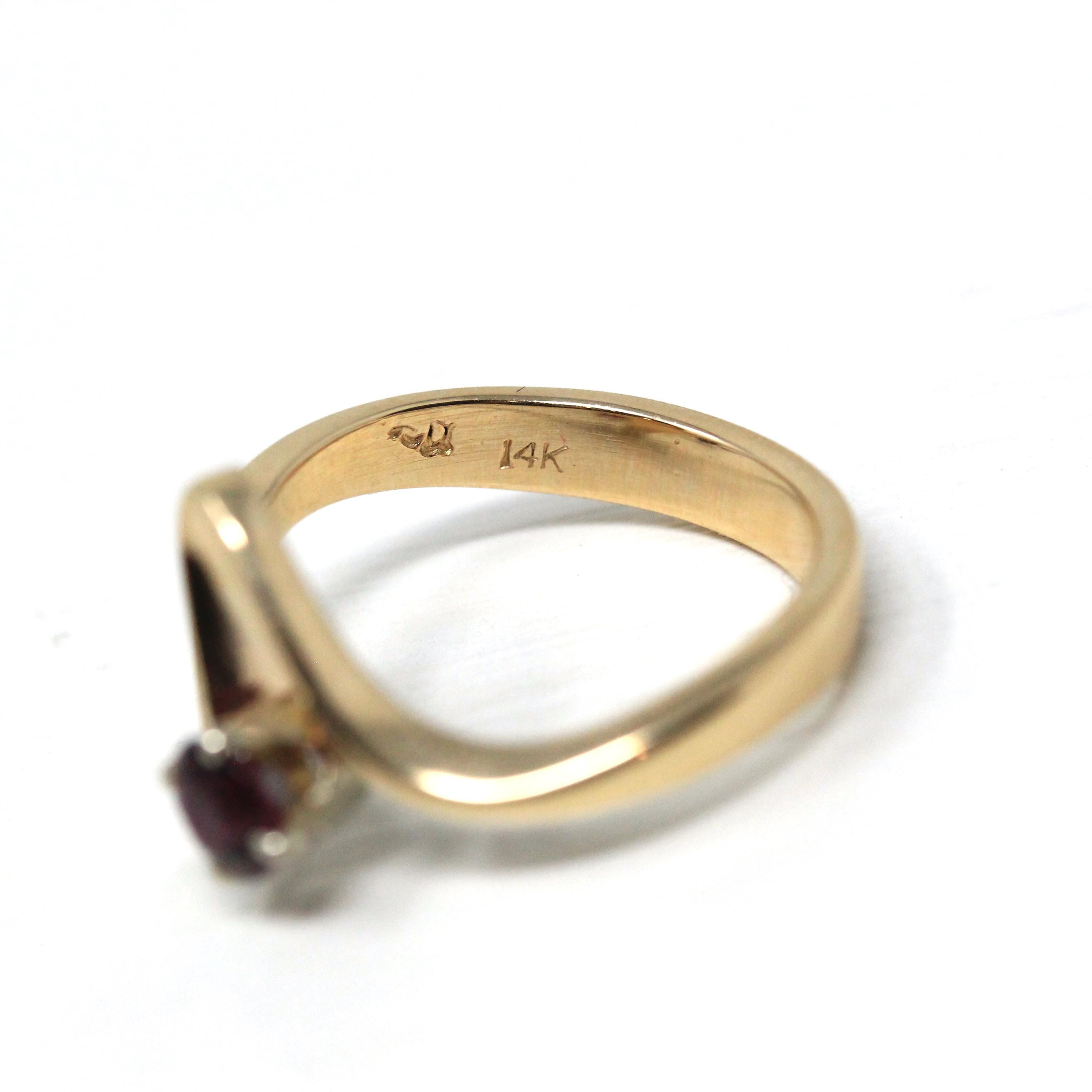 Vintage Garnet Ring - Retro 14k Yellow Gold Round Cut Red Gem Asymmetrical - 1970s Era Size 6 1/2 January Birthstone Fine Statement Jewelry