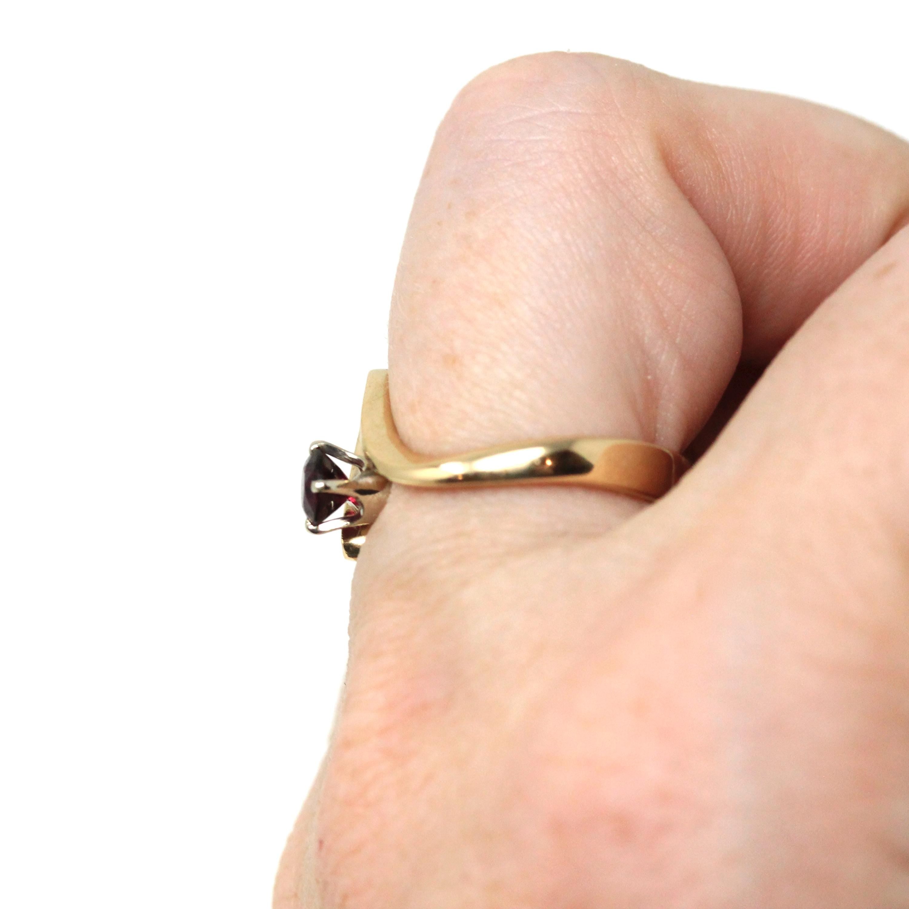 Vintage Garnet Ring - Retro 14k Yellow Gold Round Cut Red Gem Asymmetrical - 1970s Era Size 6 1/2 January Birthstone Fine Statement Jewelry