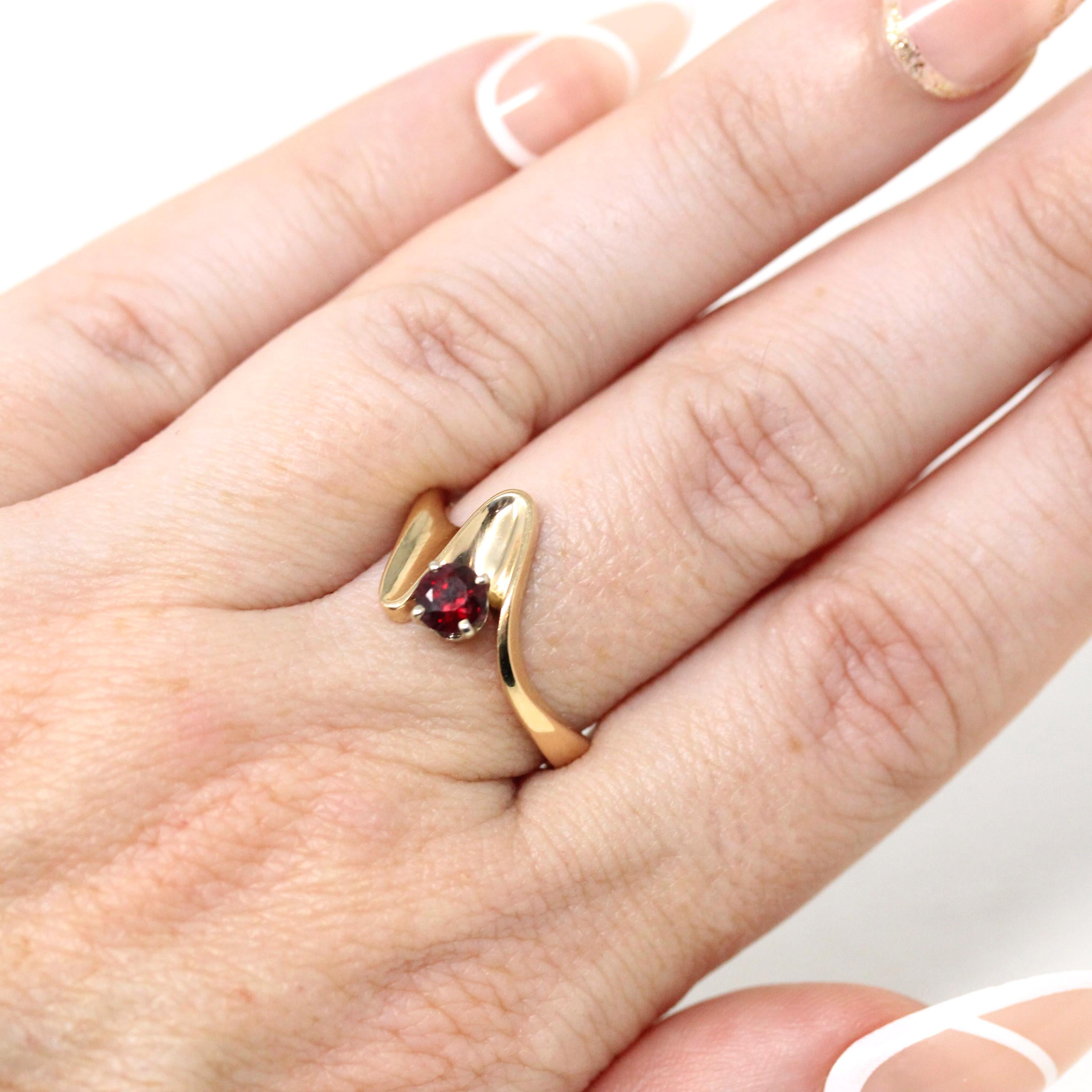 Vintage Garnet Ring - Retro 14k Yellow Gold Round Cut Red Gem Asymmetrical - 1970s Era Size 6 1/2 January Birthstone Fine Statement Jewelry