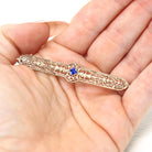 Art Deco Brooch - Vintage 10k White Gold Created Blue Sapphire Stone Pin - Circa 1930s Era Filigree Fashion Accessory Fine Jewelry