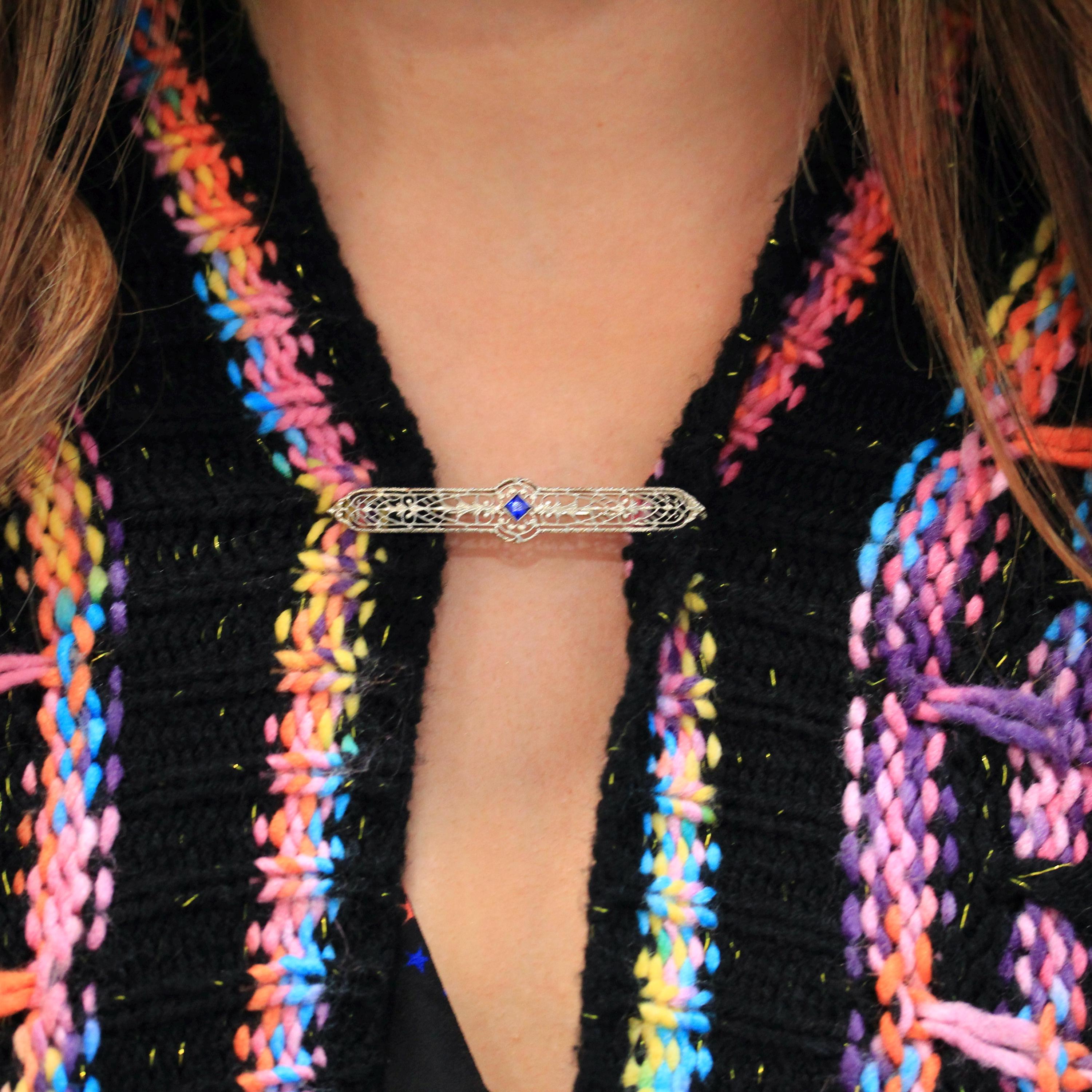 Art Deco Brooch - Vintage 10k White Gold Created Blue Sapphire Stone Pin - Circa 1930s Era Filigree Fashion Accessory Fine Jewelry