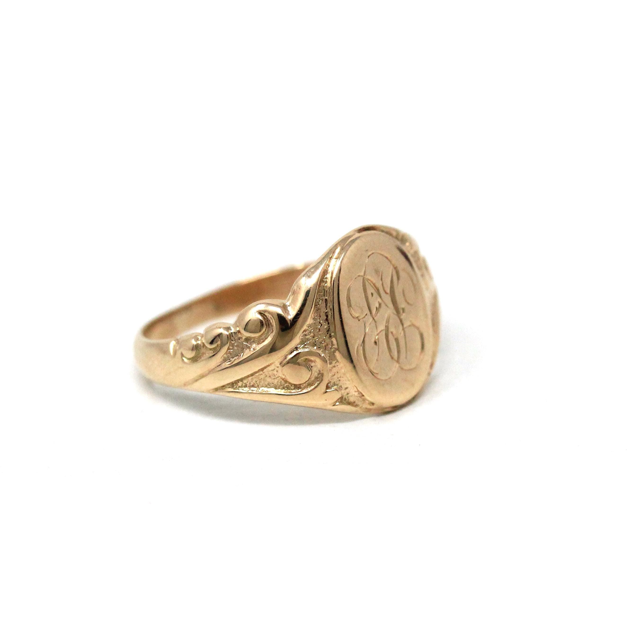 Edwardian Signet Ring - Antique 10k Rosy Yellow Gold RP Engraved Monogram Initials - Art Nouveau 1910s Era Size 4 1/2 Fine Scroll Jewelry