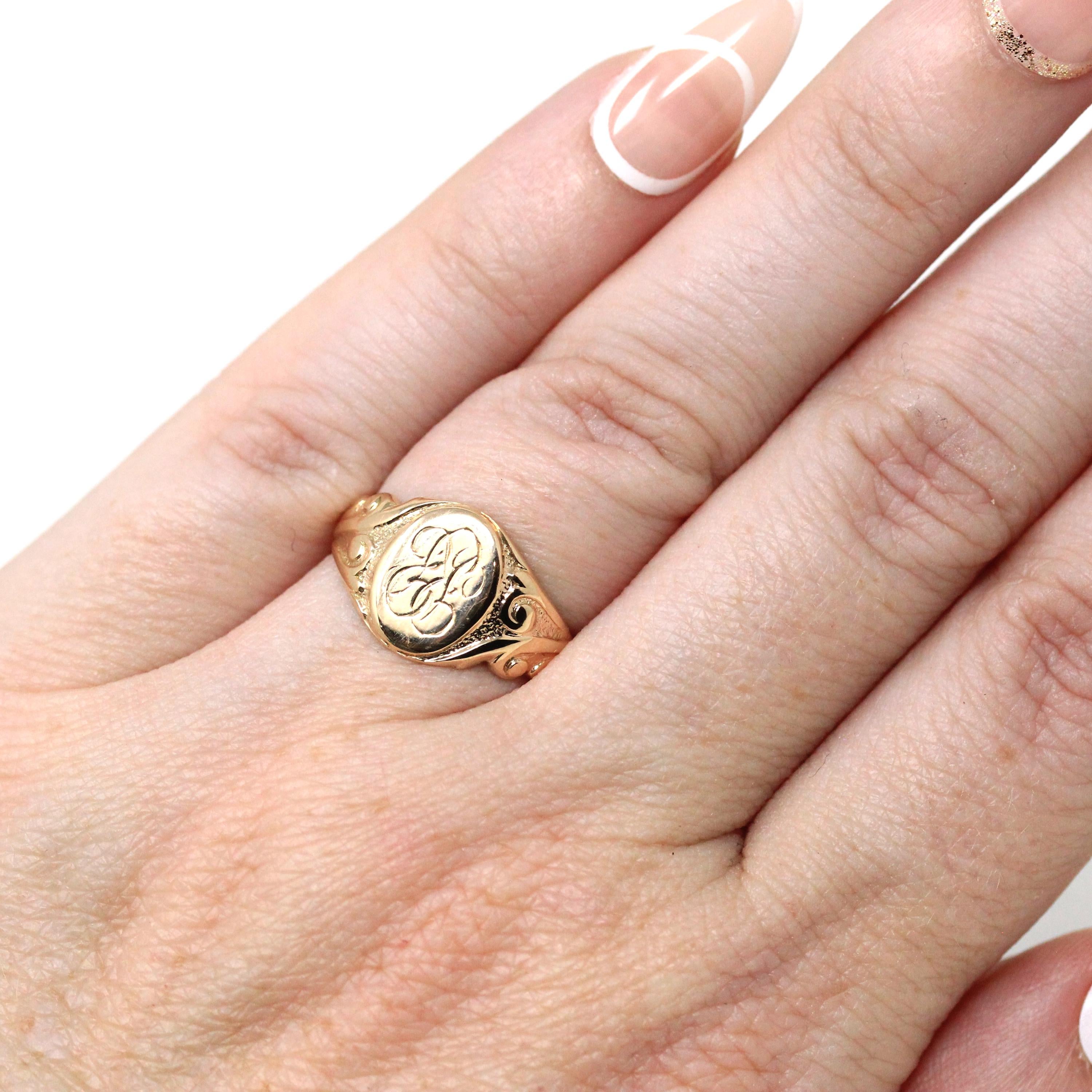 Edwardian Signet Ring - Antique 10k Rosy Yellow Gold RP Engraved Monogram Initials - Art Nouveau 1910s Era Size 4 1/2 Fine Scroll Jewelry