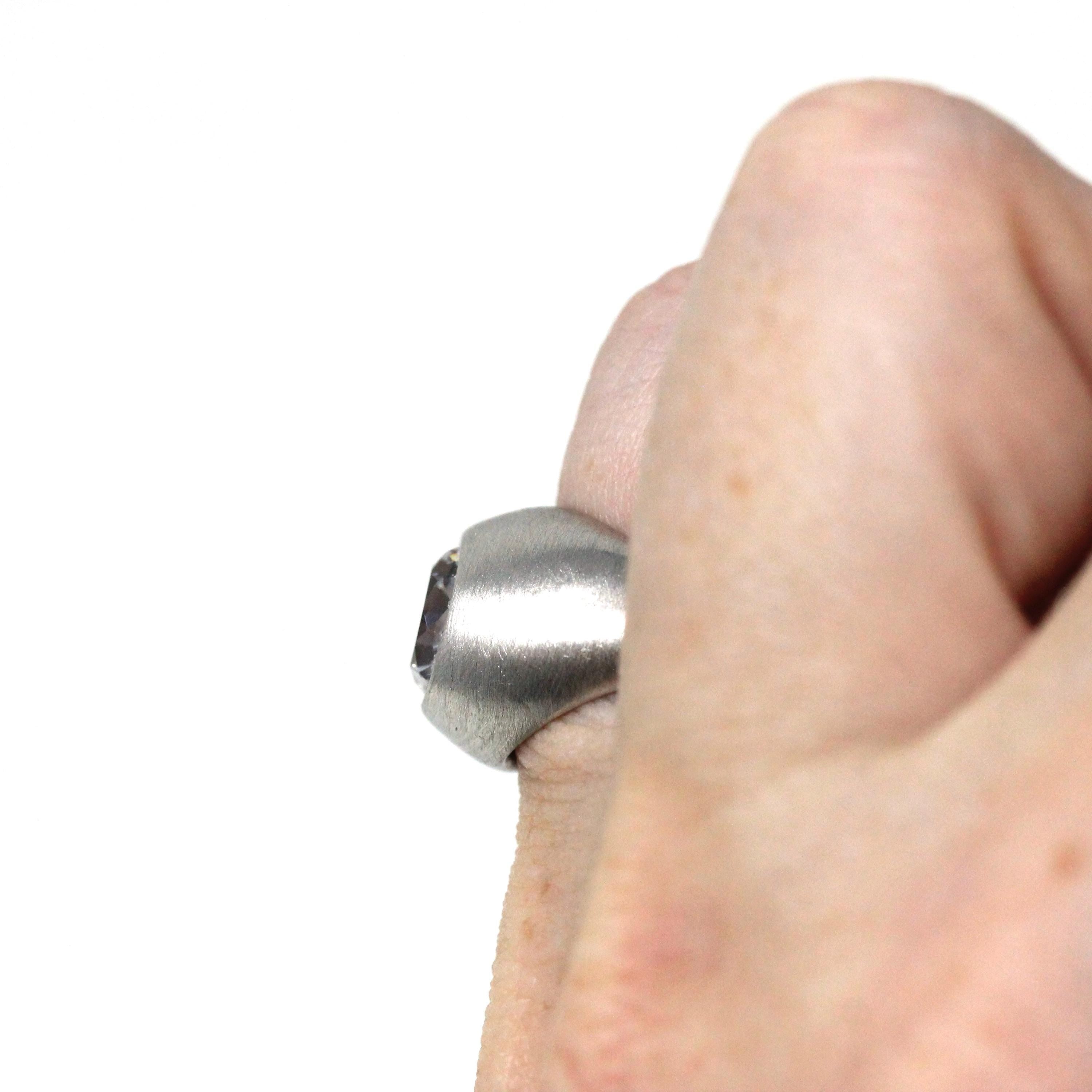 Created White Spinel Ring - Retro 10k White Gold Chunky Statement - Vintage 1960s Era Size 4 1/2 Men's Unisex Brushed Finish Fine Jewelry