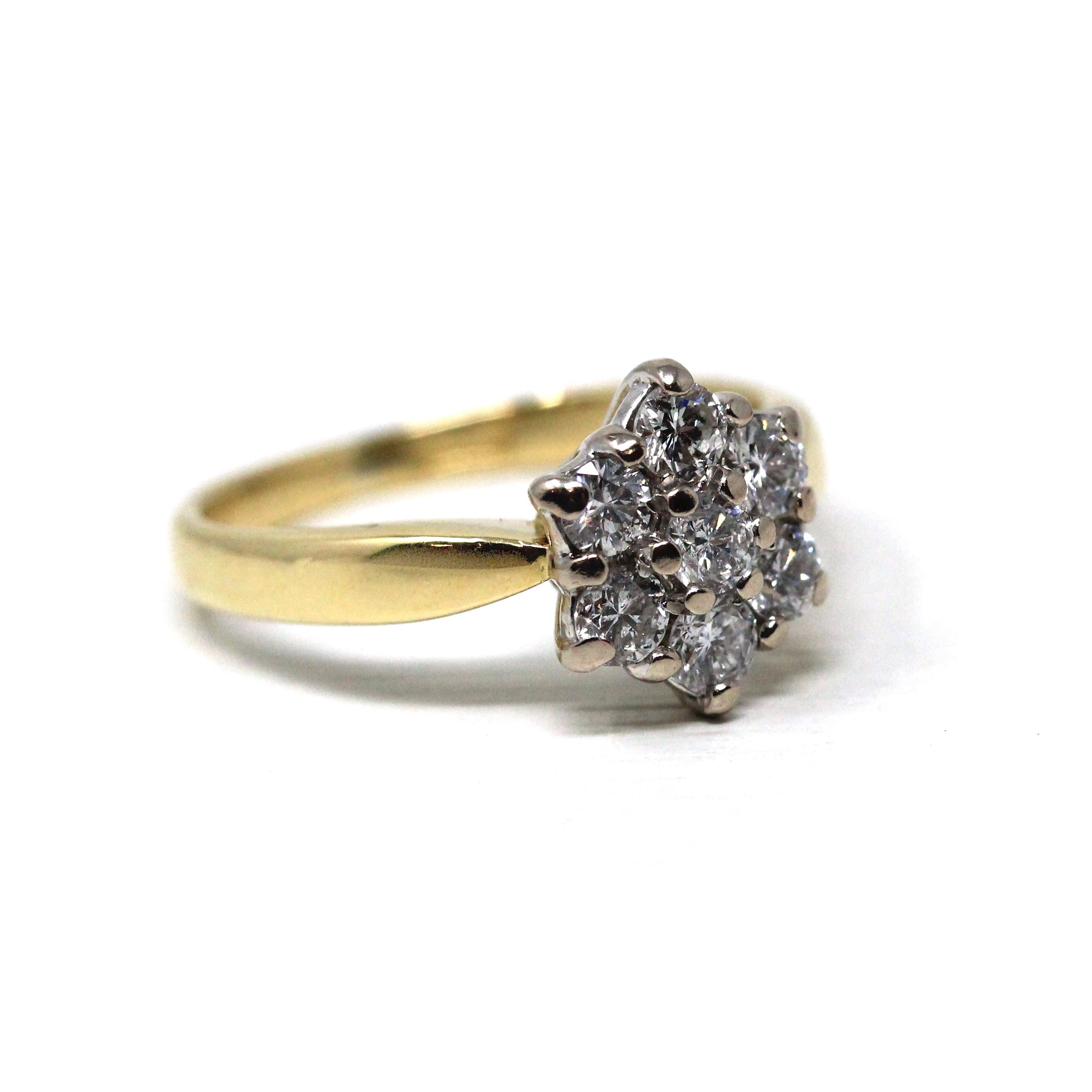 Diamond Snowflake Ring - Estate 18k Gold Natural Gemstone Cluster - Modern 1990s Size 6 3/4 Engagement Bridal Halo Fine Statement Jewelry