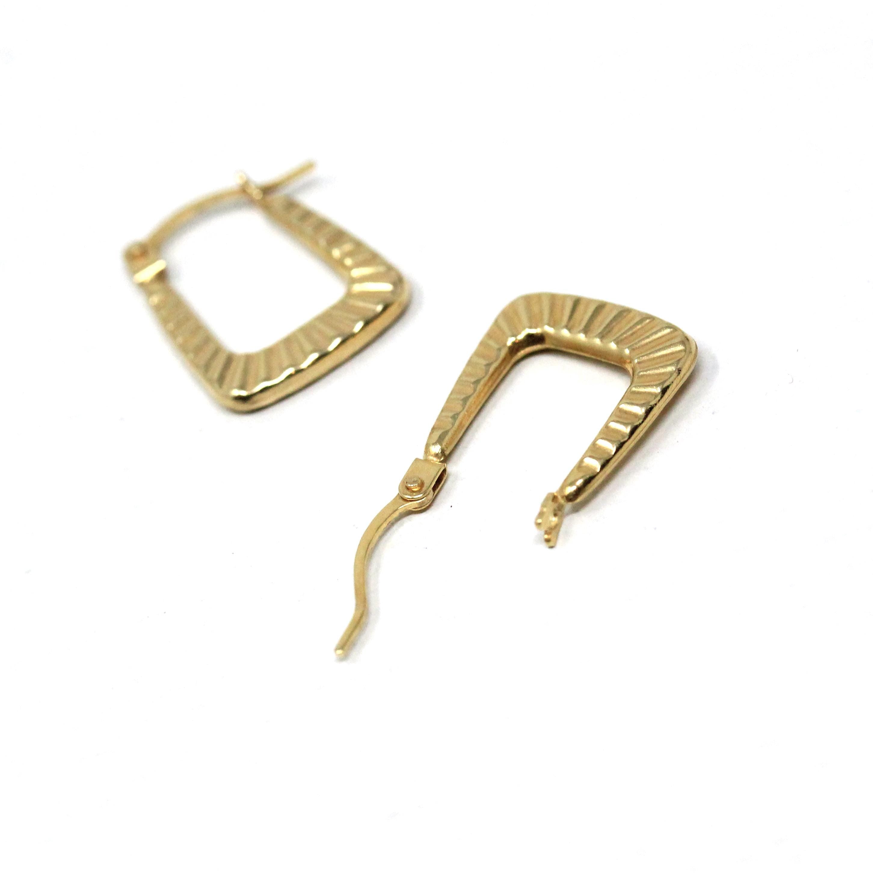 Modern Square Hoop Earrings - Estate 9k Yellow Gold Latch Lever Backs - Vintage Circa 2000's Era Etched Groove UK Statement Fine Jewelry