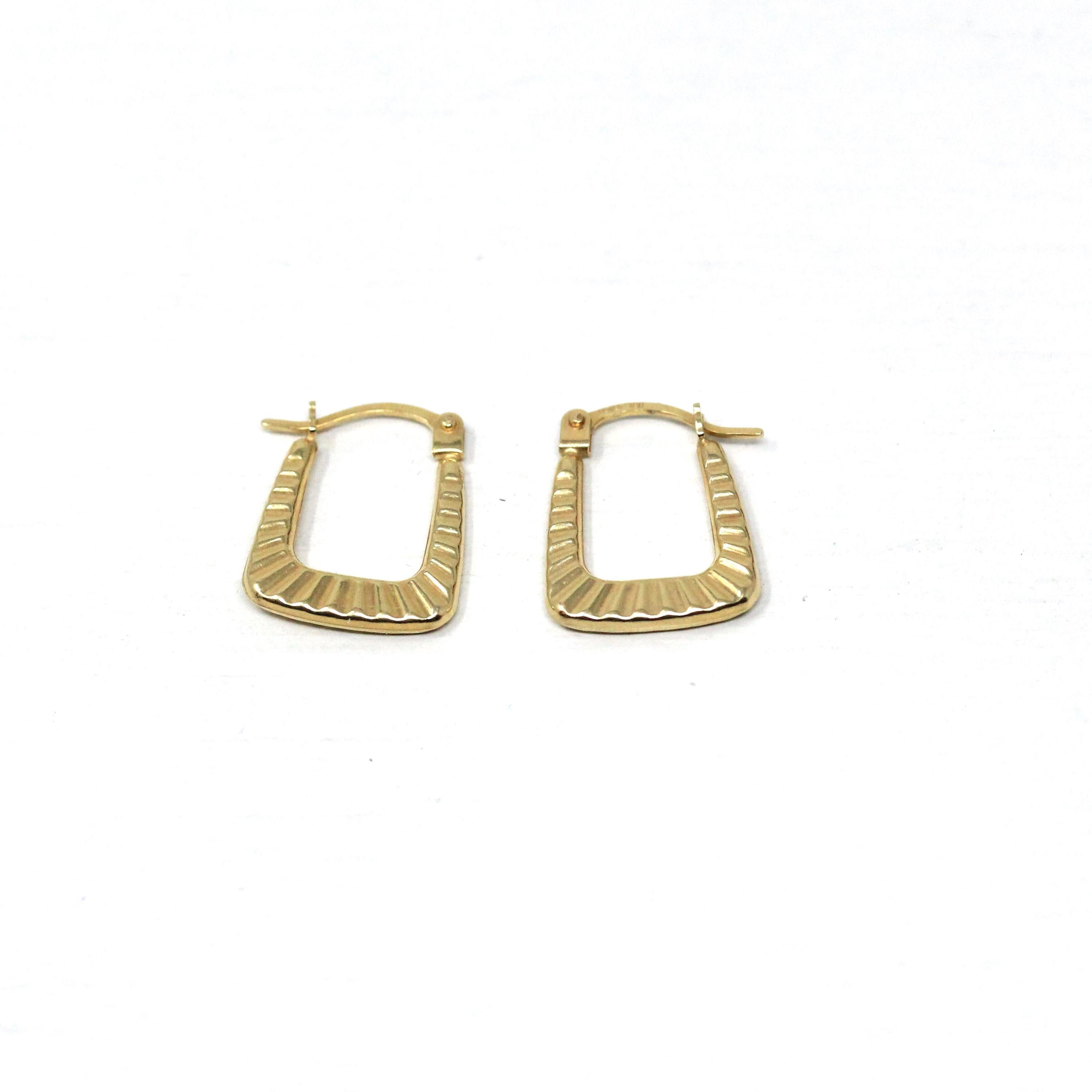 Modern Square Hoop Earrings - Estate 9k Yellow Gold Latch Lever Backs - Vintage Circa 2000's Era Etched Groove UK Statement Fine Jewelry