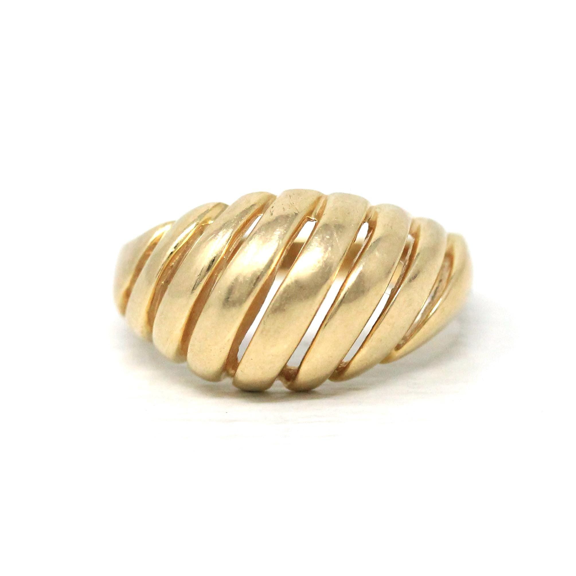 Estate Croissant Ring - Vintage 14k Yellow Gold Classic Polished Twisted Dome Style - Modern 1990s Size 6 1/2 Shrimp Unisex Fine 90s Jewelry