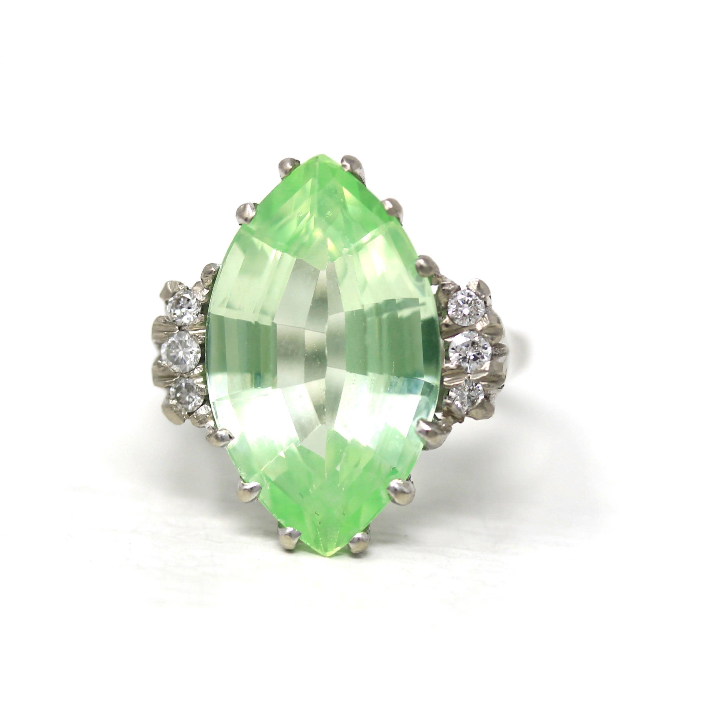 Created Spinel Ring - Retro 10k White Gold Marquise Cut Green Stone - Vintage Circa 1960s Era Size 5 3/4 Fine Statement Cocktail 60s Jewelry