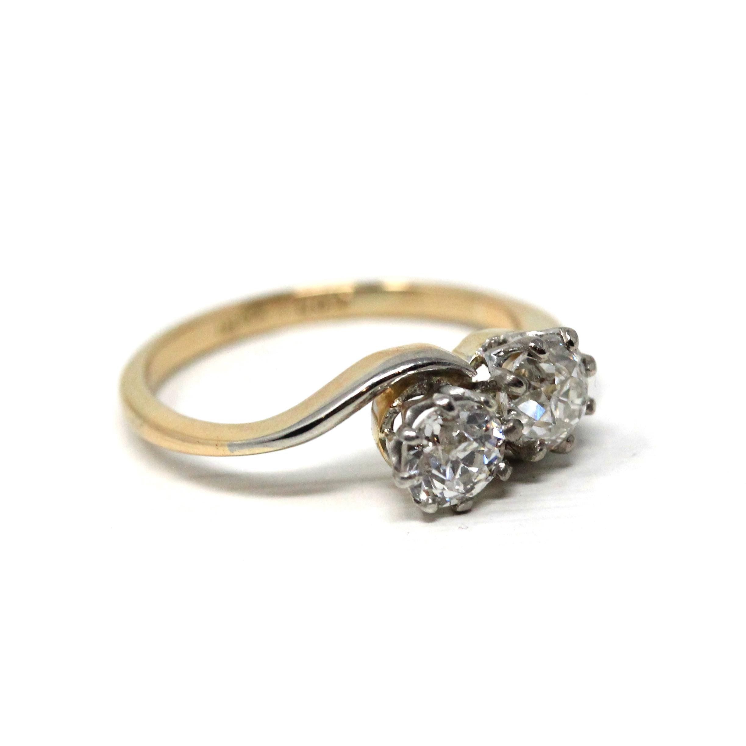 Diamond Toi Et Moi Ring - Edwardian 18k Yellow Gold & Platinum 1.00 CTW Bypass Band - Antique Circa 1910s Era Size 5 1/4 Fine Bridal Jewelry