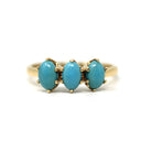 Retro Simulated Turquoise Ring - Vintage 10k Yellow Gold Blue Cabochon Three Stone Band - Circa 1970s Era Size 6 3/4 Fine Cabochon Jewelry