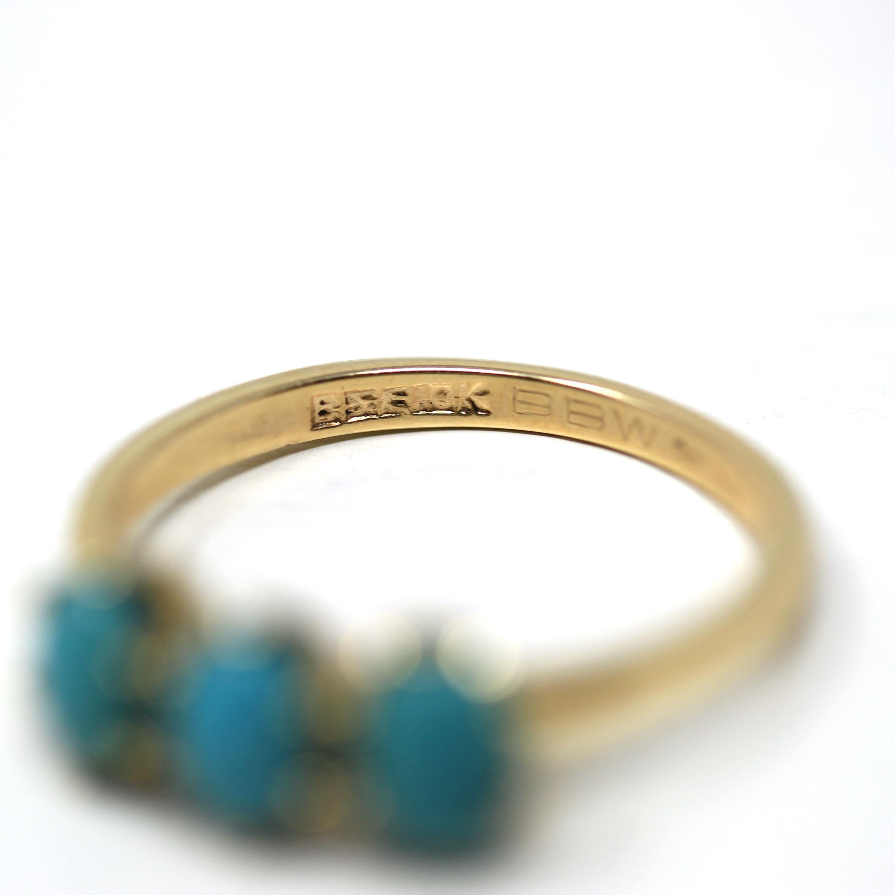 Retro Simulated Turquoise Ring - Vintage 10k Yellow Gold Blue Cabochon Three Stone Band - Circa 1970s Era Size 6 3/4 Fine Cabochon Jewelry