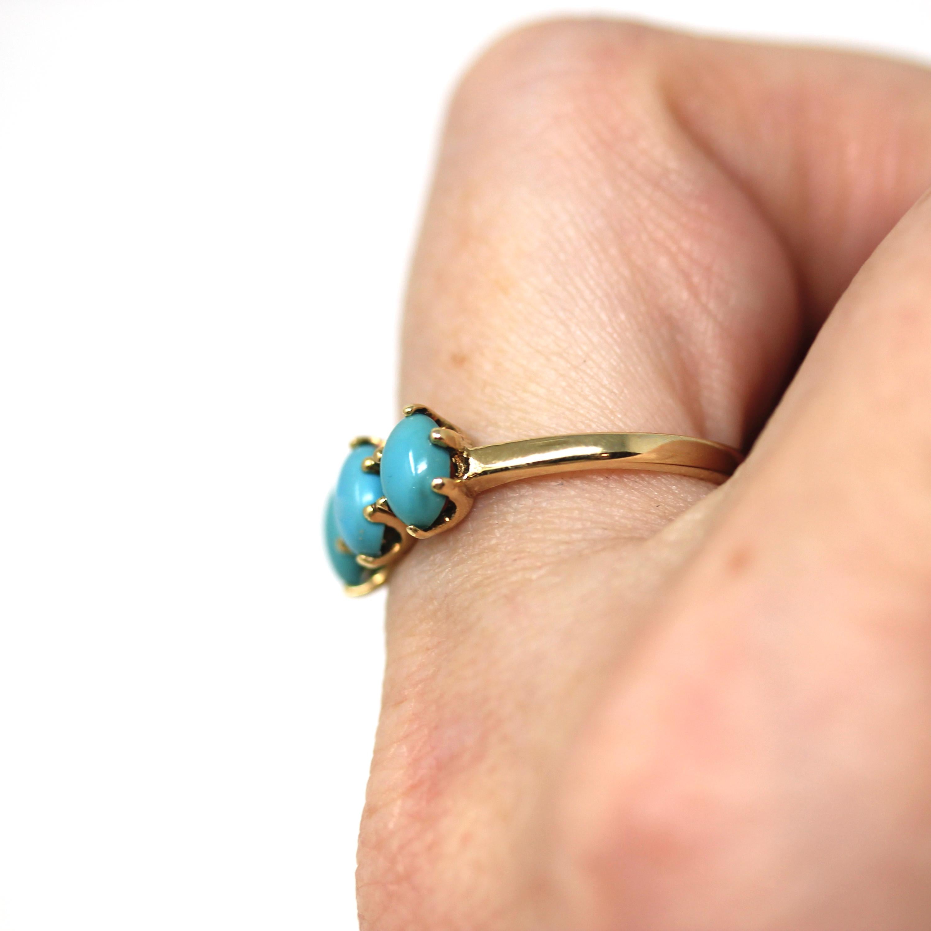 Retro Simulated Turquoise Ring - Vintage 10k Yellow Gold Blue Cabochon Three Stone Band - Circa 1970s Era Size 6 3/4 Fine Cabochon Jewelry