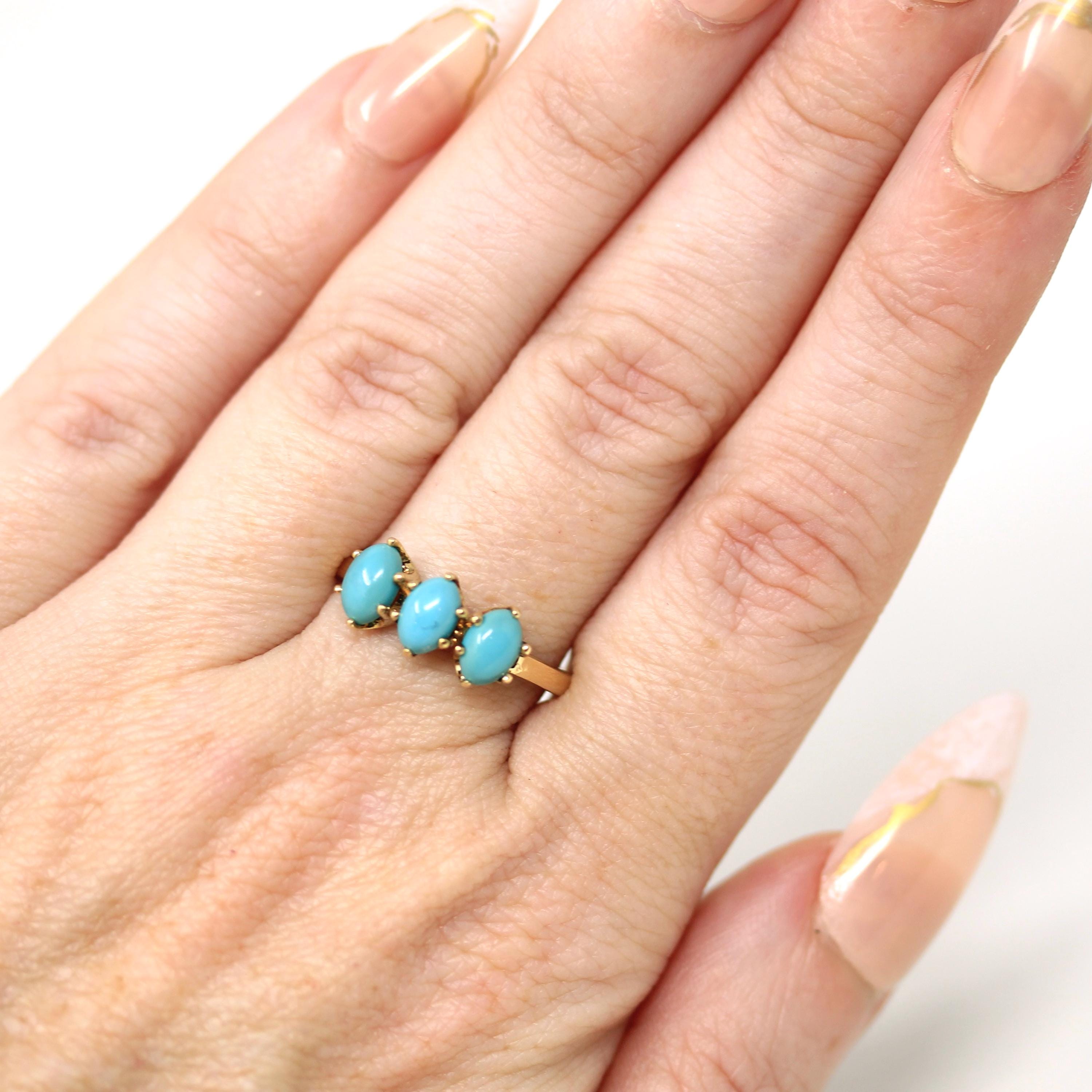 Retro Simulated Turquoise Ring - Vintage 10k Yellow Gold Blue Cabochon Three Stone Band - Circa 1970s Era Size 6 3/4 Fine Cabochon Jewelry