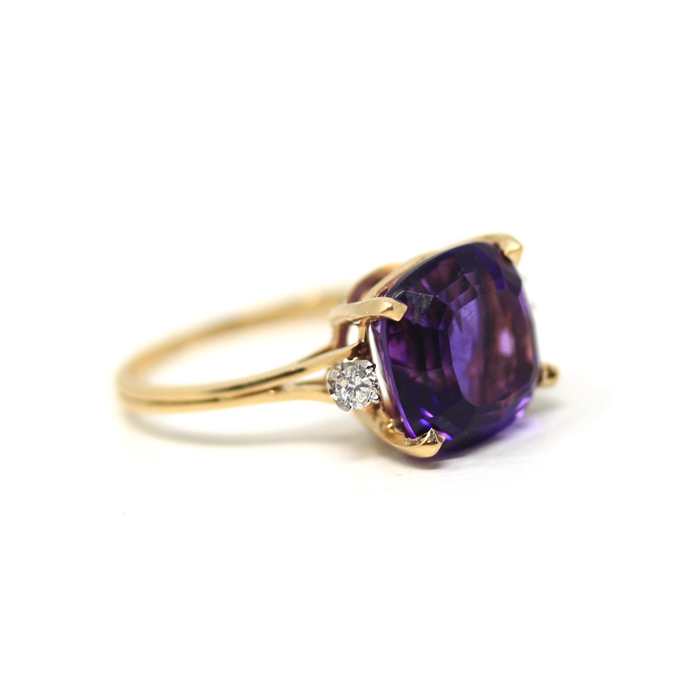 Amethyst & Diamond Ring - Estate 18k Yellow Gold Purple 6.19 CT Gem - Modern Circa 1980s Era Size 7 3/4 February Birthstone Fine Jewelry