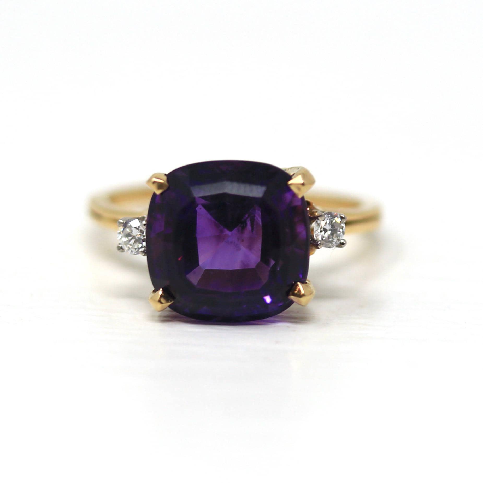 Amethyst & Diamond Ring - Estate 18k Yellow Gold Purple 6.19 CT Gem - Modern Circa 1980s Era Size 7 3/4 February Birthstone Fine Jewelry