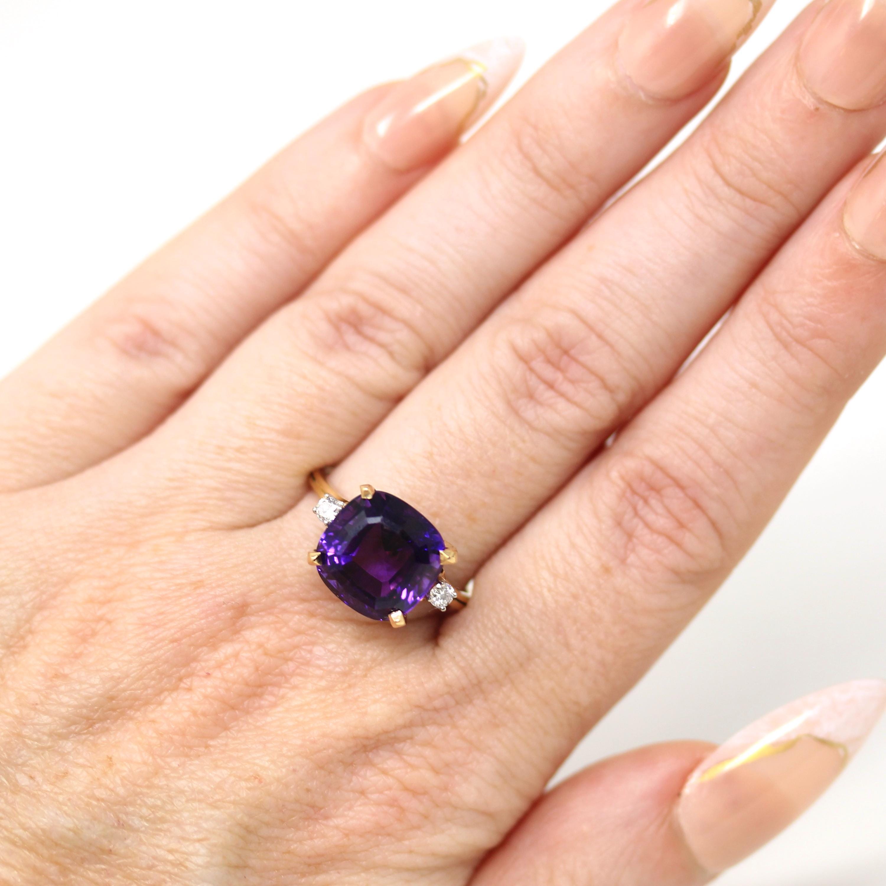 Amethyst & Diamond Ring - Estate 18k Yellow Gold Purple 6.19 CT Gem - Modern Circa 1980s Era Size 7 3/4 February Birthstone Fine Jewelry