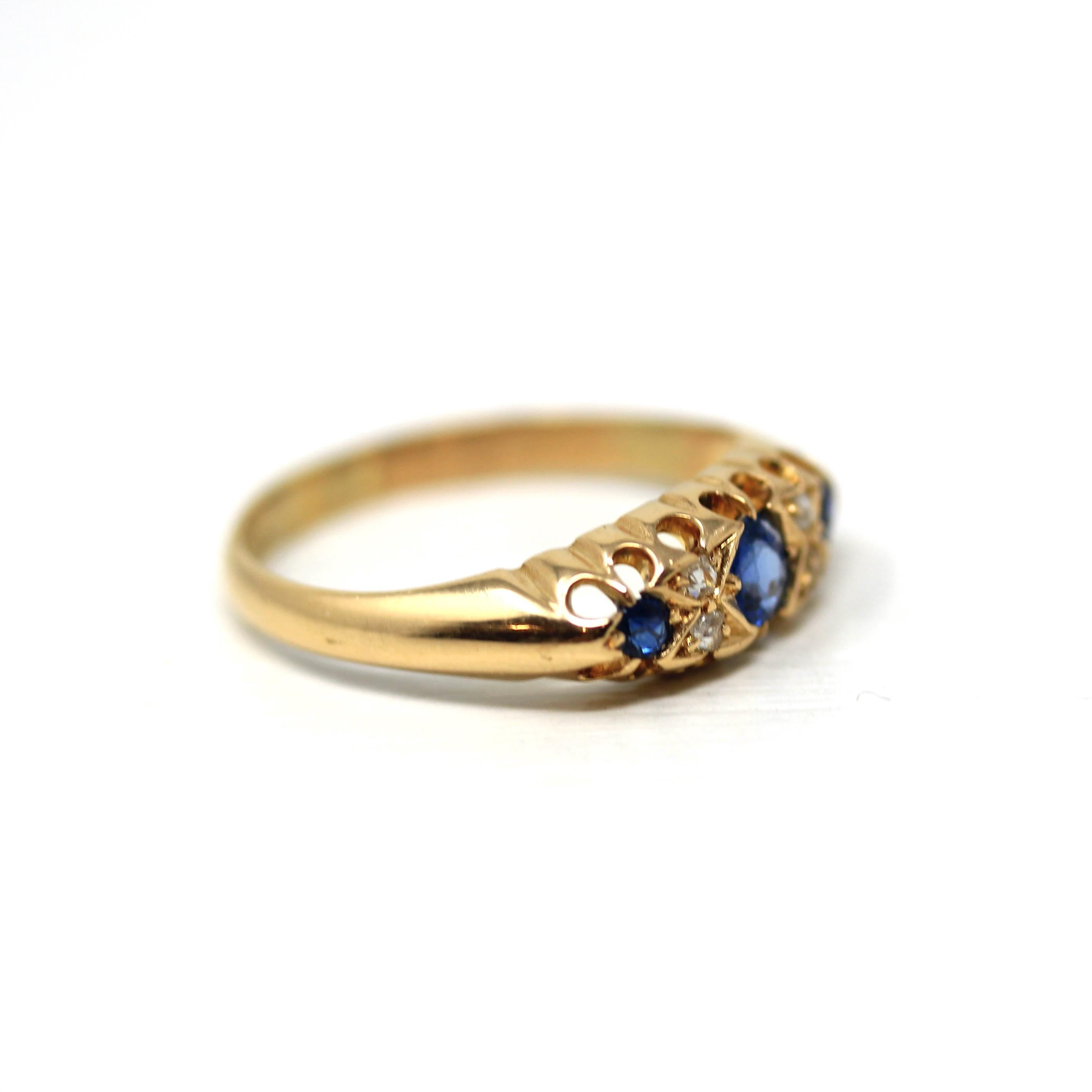 Sapphire & Diamond Band - Edwardian 18k Yellow Gold Natural Blue Gems Wedding Ring - Antique Vintage 1910s London Size 8 1/4 Fine Jewelry