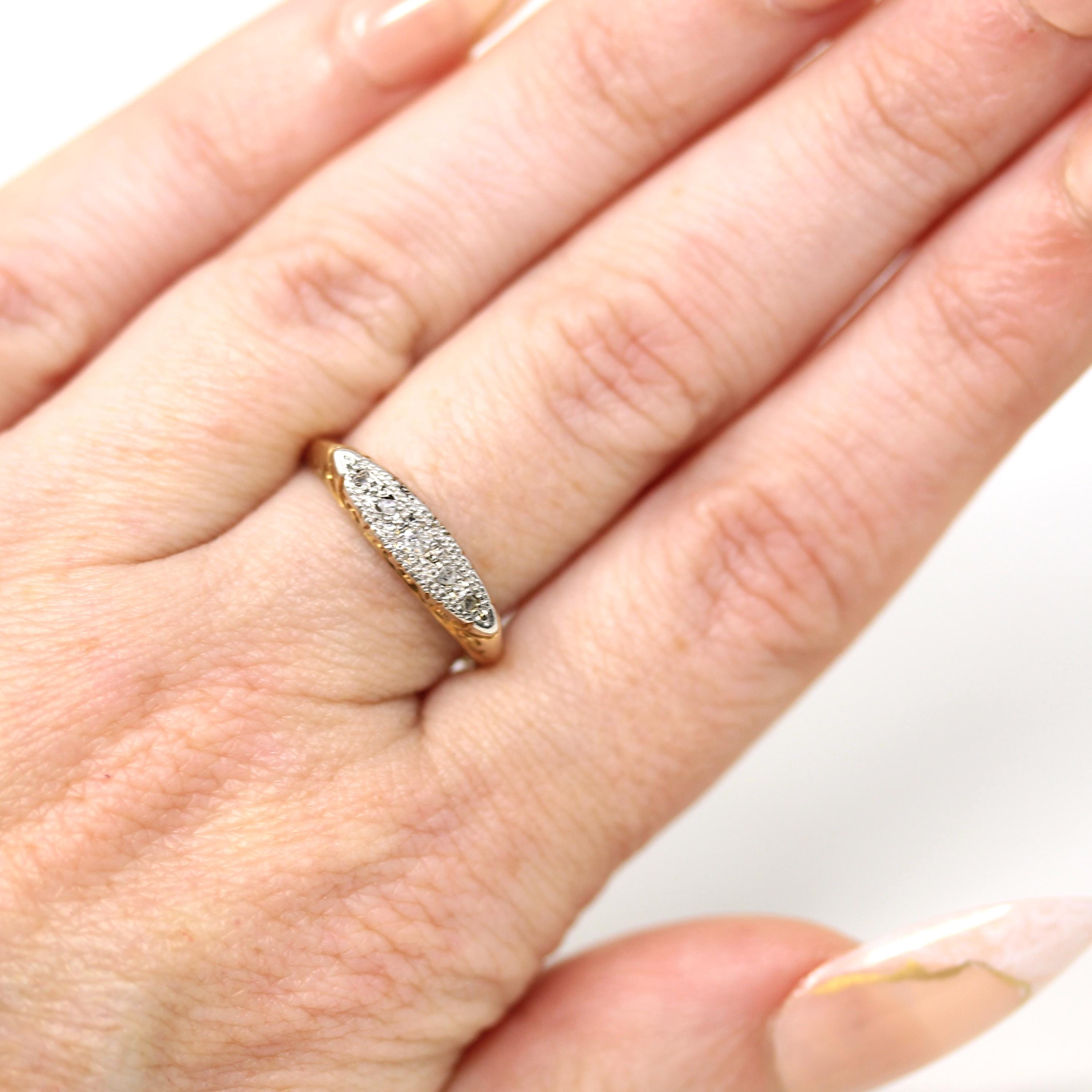 Antique Diamond Band - Edwardian 18k Yellow Gold & Platinum Genuine Natural Gemstones - Vintage 1910s Five Stone Ring Size 6 Fine Jewelry