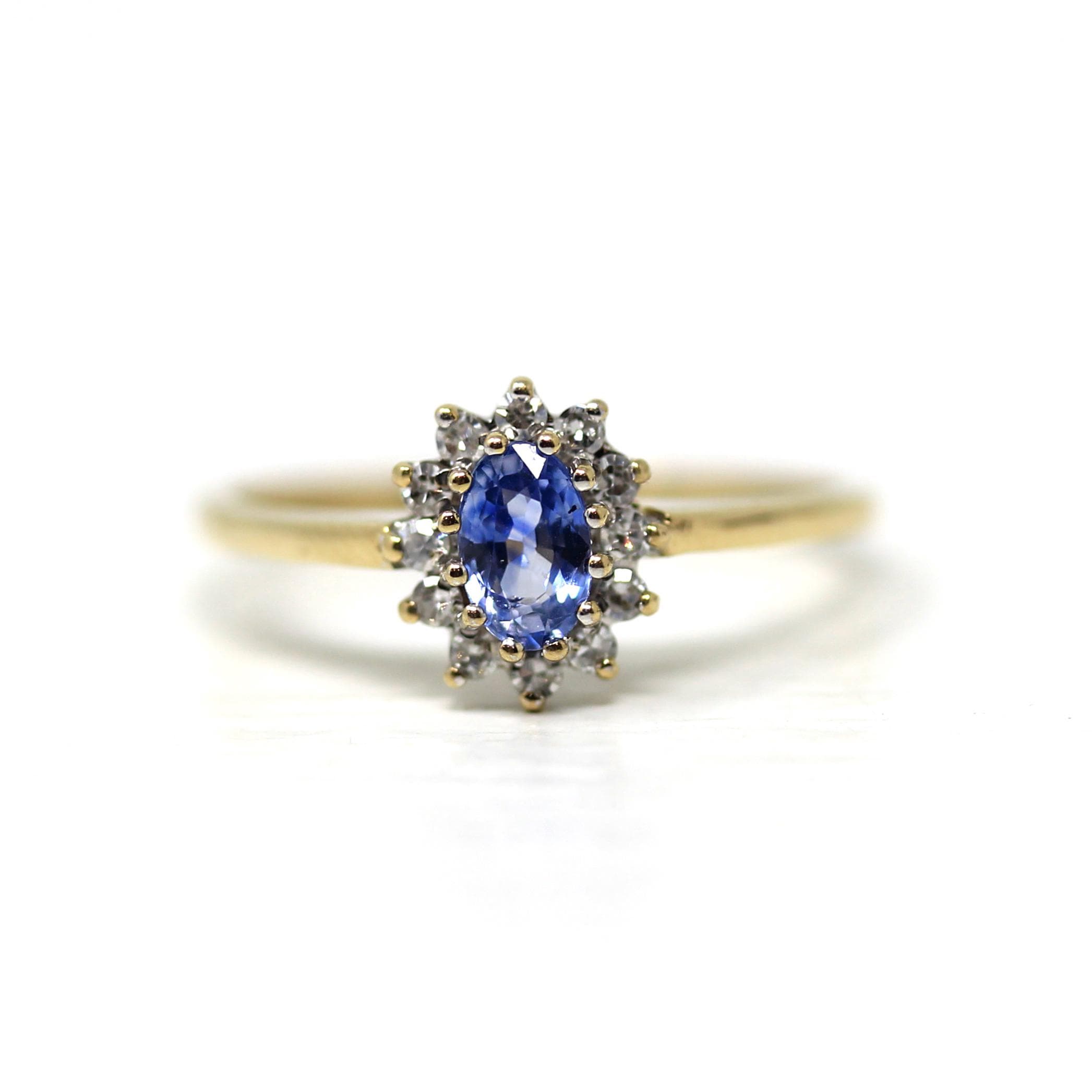 Sapphire & Diamond Halo Ring - Estate 9k Yellow White Gold Light Blue Gem Cluster - Modern Size 5 Petite Dainty Engagement Y2K Fine Jewelry