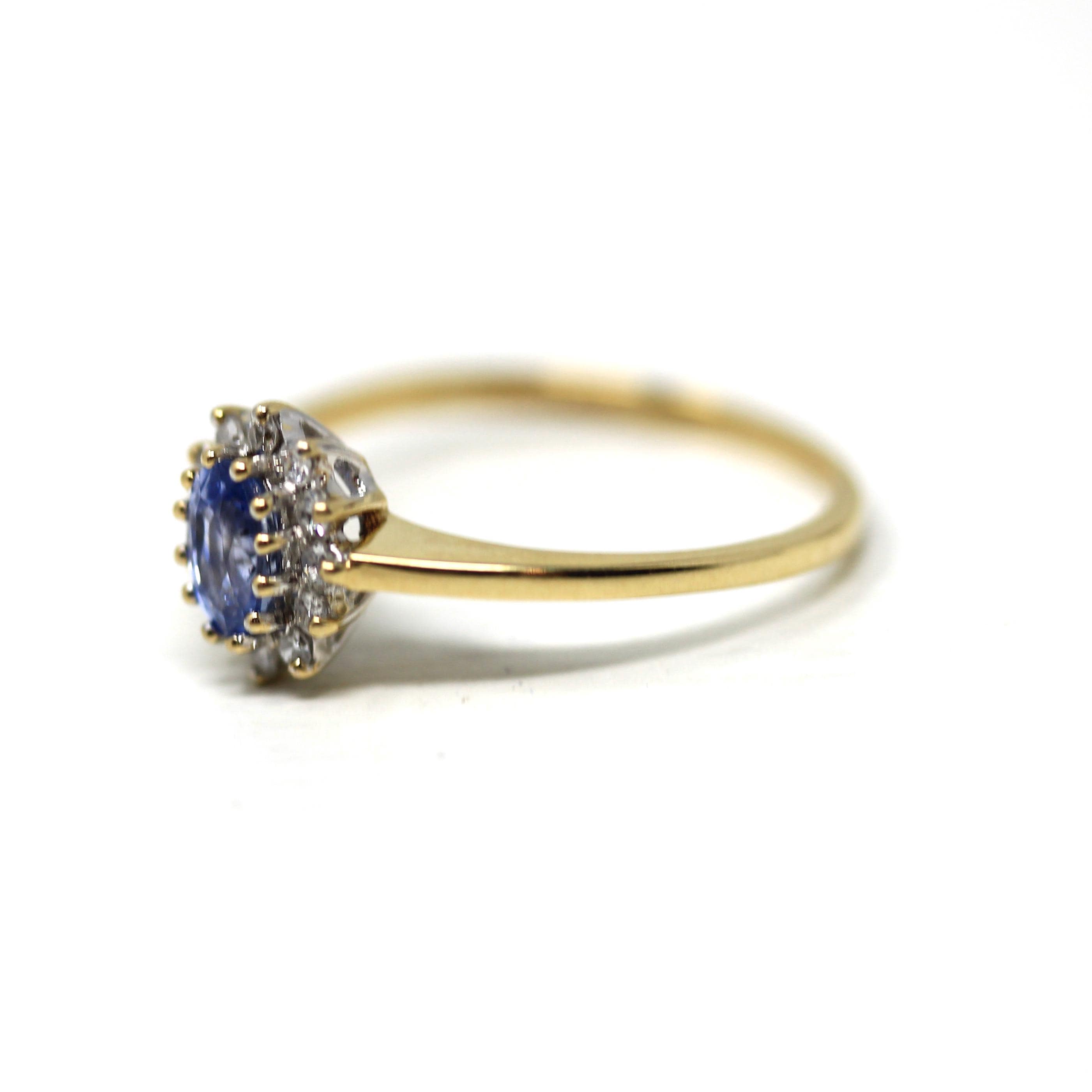 Sapphire & Diamond Halo Ring - Estate 9k Yellow White Gold Light Blue Gem Cluster - Modern Size 5 Petite Dainty Engagement Y2K Fine Jewelry