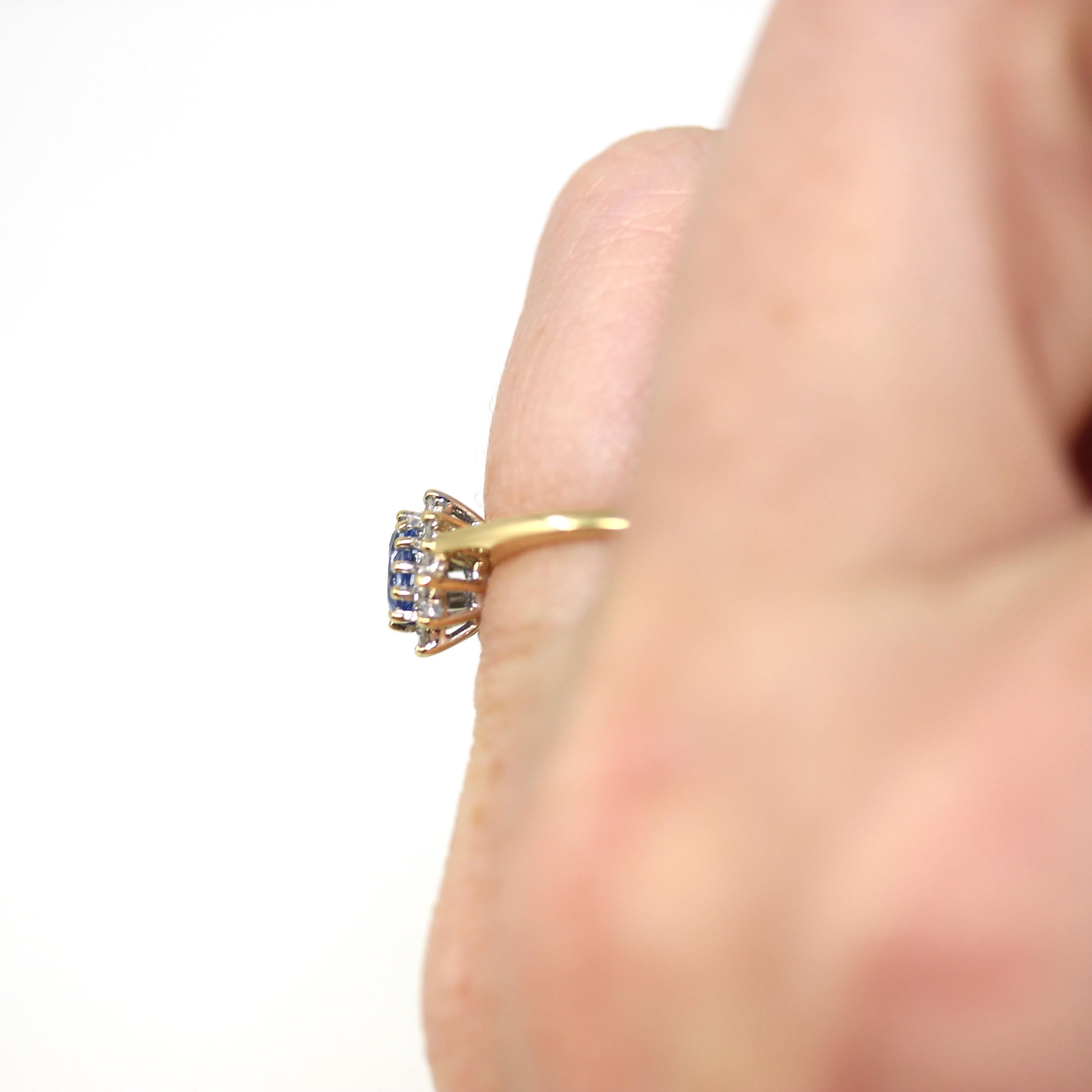 Sapphire & Diamond Halo Ring - Estate 9k Yellow White Gold Light Blue Gem Cluster - Modern Size 5 Petite Dainty Engagement Y2K Fine Jewelry