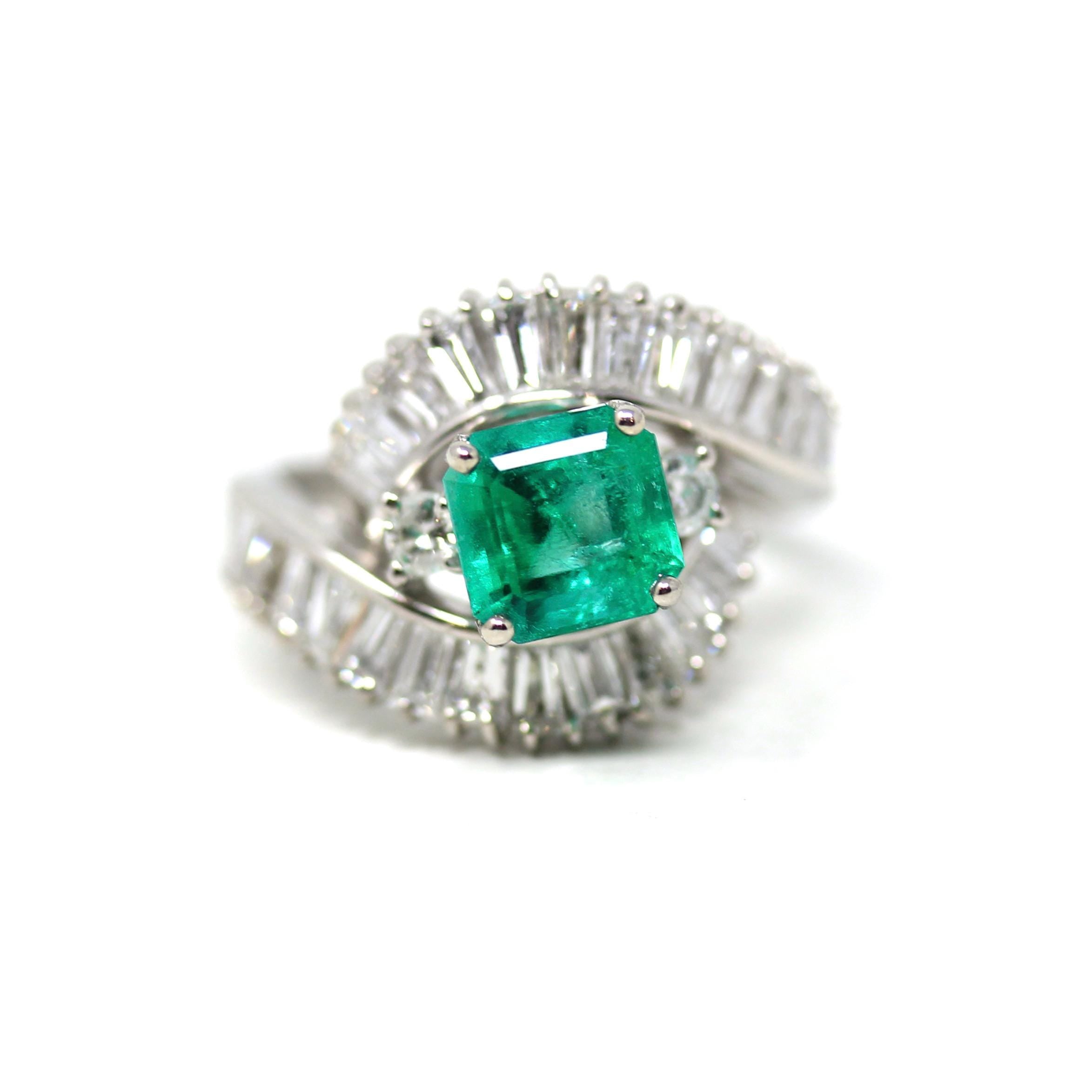 Emerald & Diamond Ring - Estate Platinum 1.68CT Green Square Step Cut Natural Beryl - Vintage Engagement Fine Bypass Baguette Report Jewelry