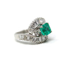 Emerald & Diamond Ring - Estate Platinum 1.68CT Green Square Step Cut Natural Beryl - Vintage Engagement Fine Bypass Baguette Report Jewelry