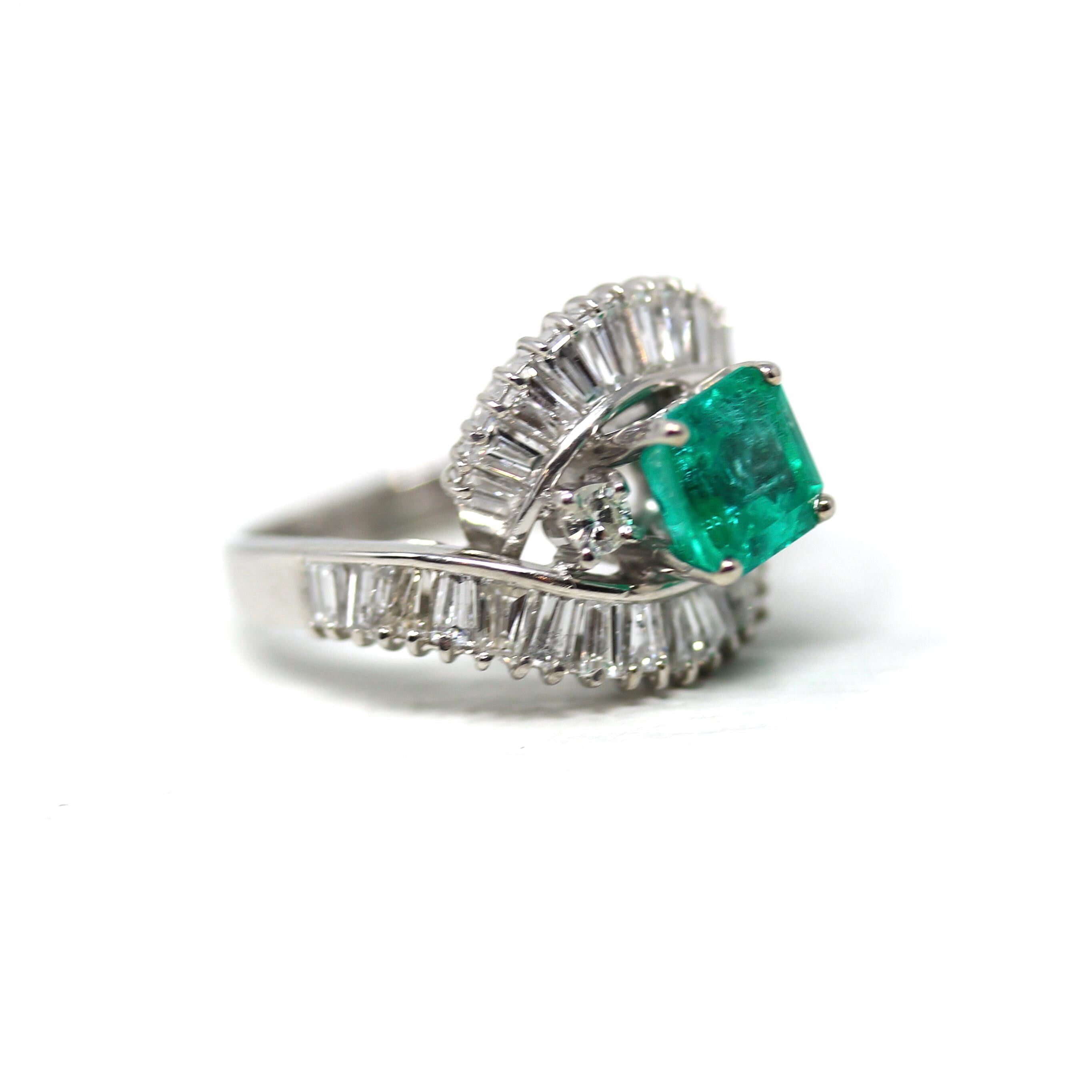 Emerald & Diamond Ring - Estate Platinum 1.68CT Green Square Step Cut Natural Beryl - Vintage Engagement Fine Bypass Baguette Report Jewelry